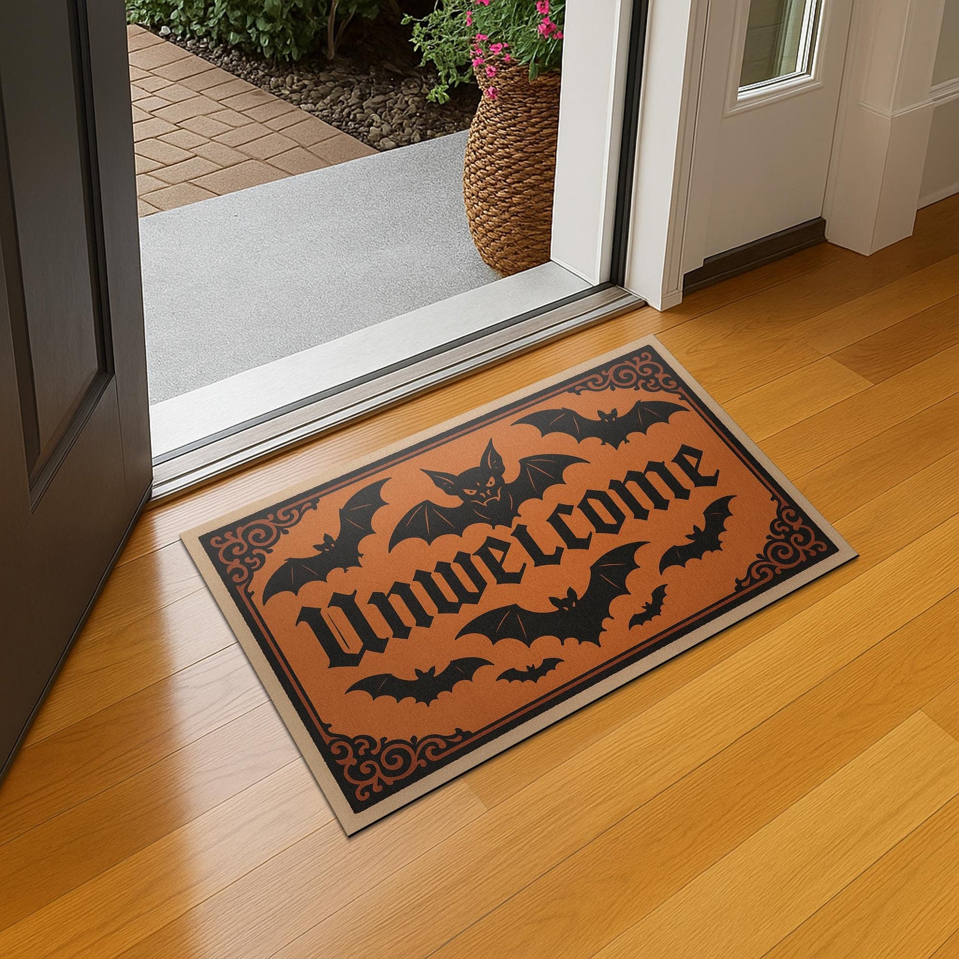 Unwelcome Halloween Doormat, Funny Bat Door Mat, Gothic Front Porch Decor, Spooky Entrance Rug, Creepy Welcome Mat
