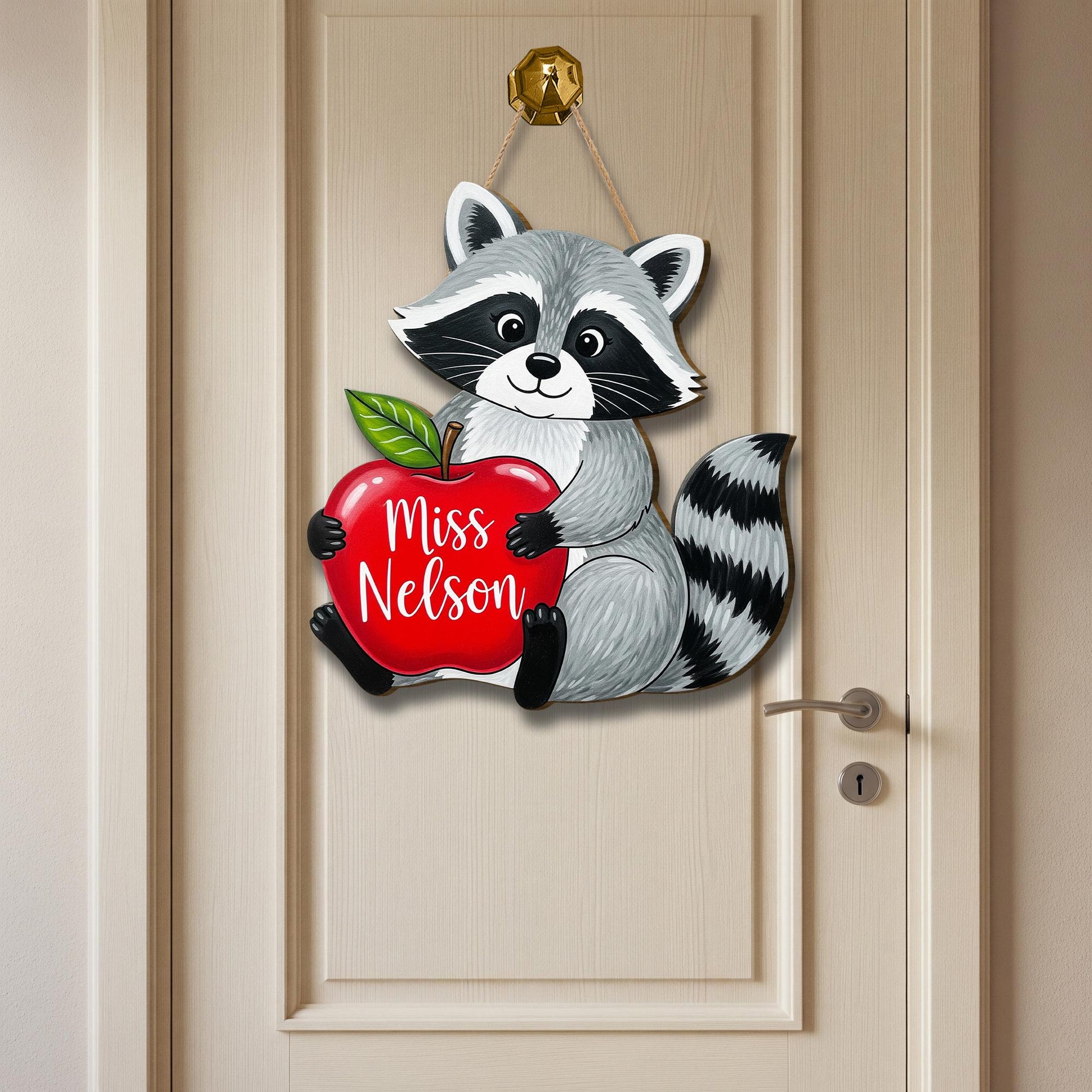 Personalized Raccoon Teacher Door Sign with Apple – Custom Classroom Hanging Decor Back to School Gift for Teachers, Educators, Wall Art