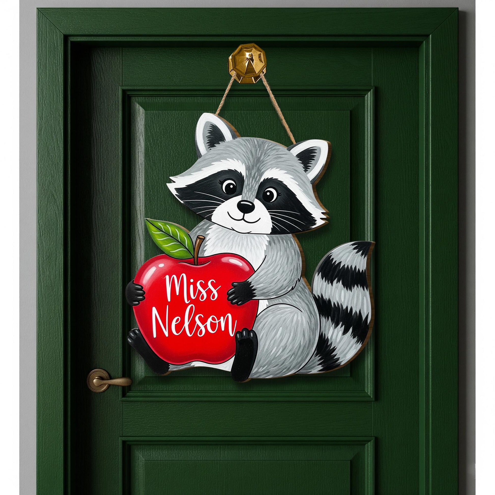 Personalized Raccoon Teacher Door Sign with Apple – Custom Classroom Hanging Decor Back to School Gift for Teachers, Educators, Wall Art
