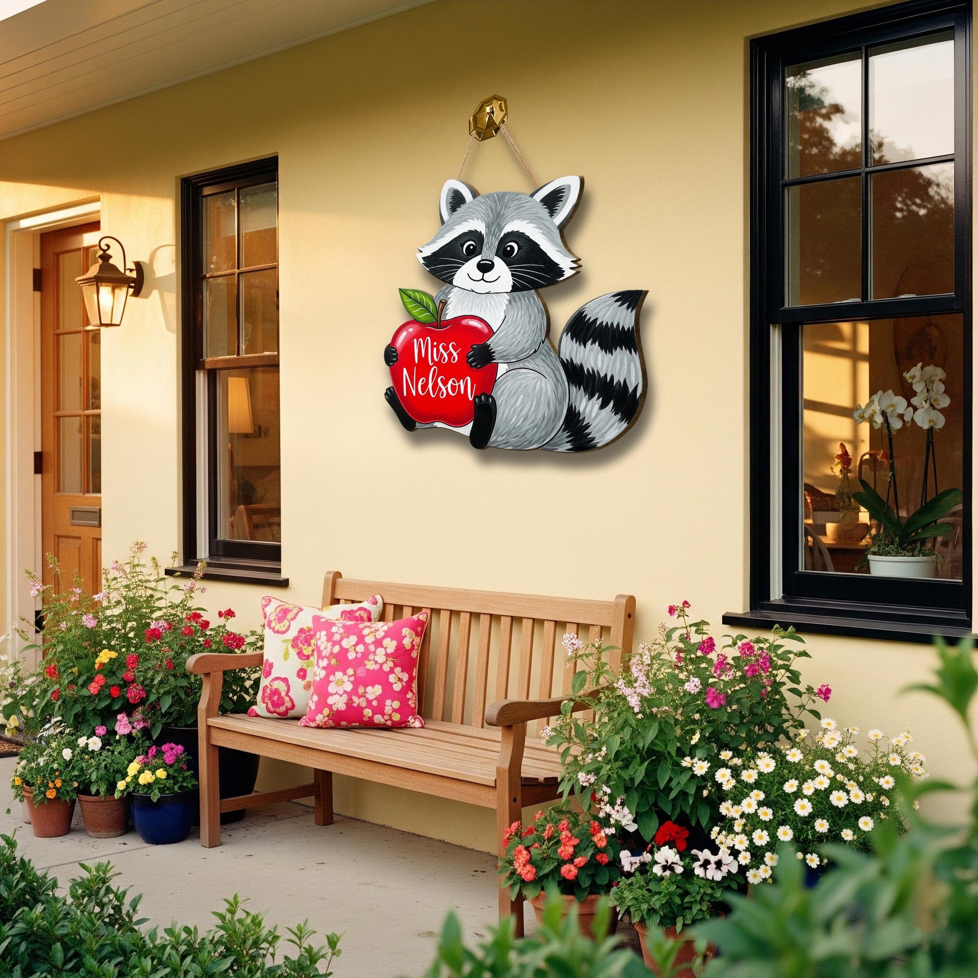 Personalized Raccoon Teacher Door Sign with Apple – Custom Classroom Hanging Decor Back to School Gift for Teachers, Educators, Wall Art