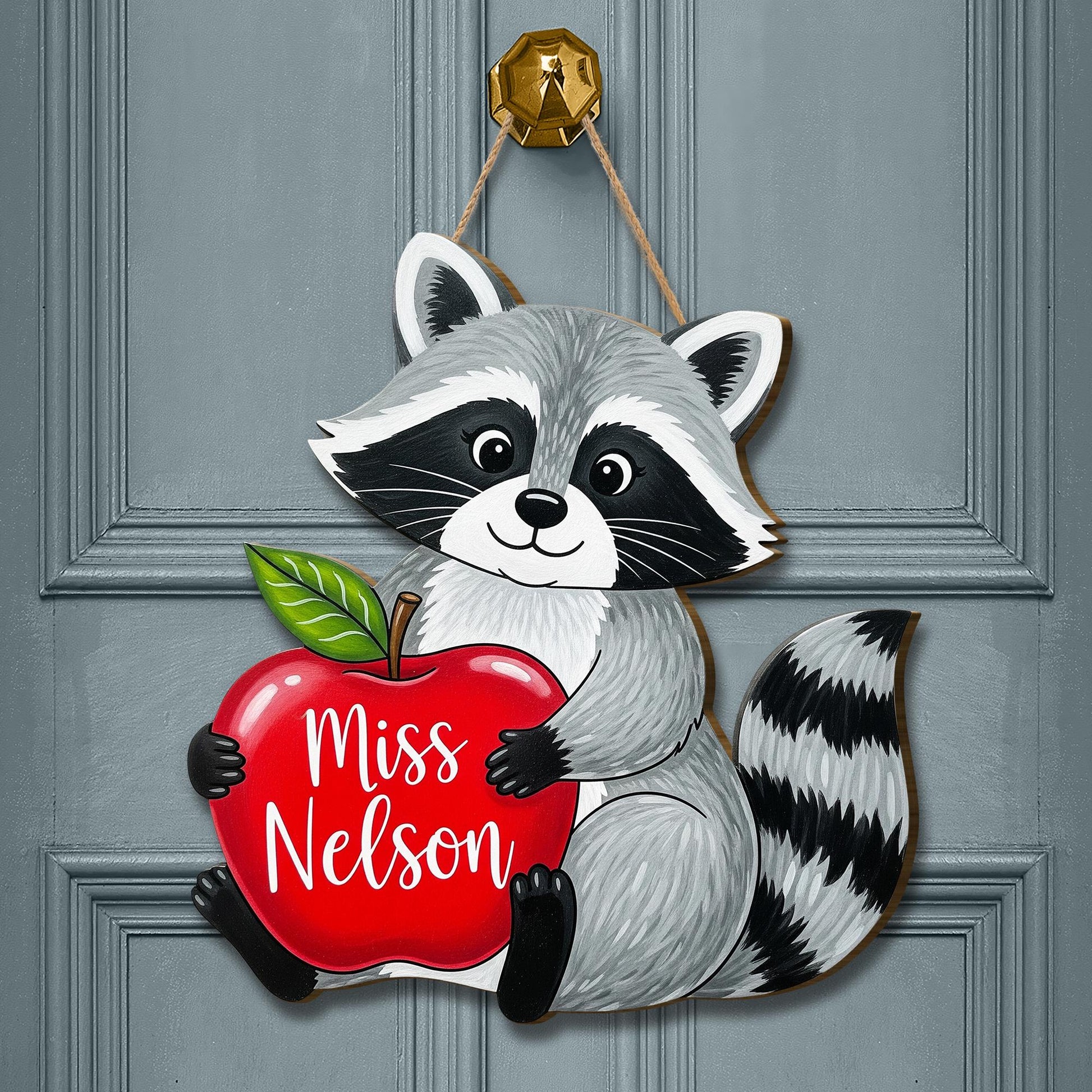 Personalized Raccoon Teacher Door Sign with Apple – Custom Classroom Hanging Decor Back to School Gift for Teachers, Educators, Wall Art