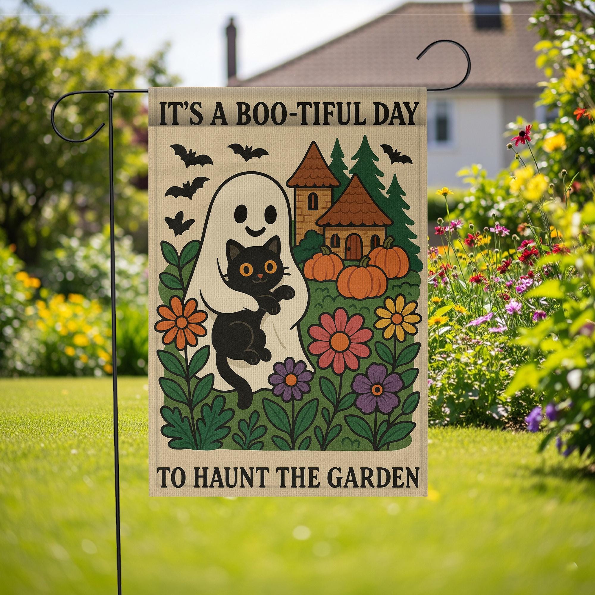 Halloween Garden Flag, Boo-tiful Day Ghost Cat Banner, Cute Spooky Outdoor Decor, Fall Yard Flag with Pumpkins and Flowers