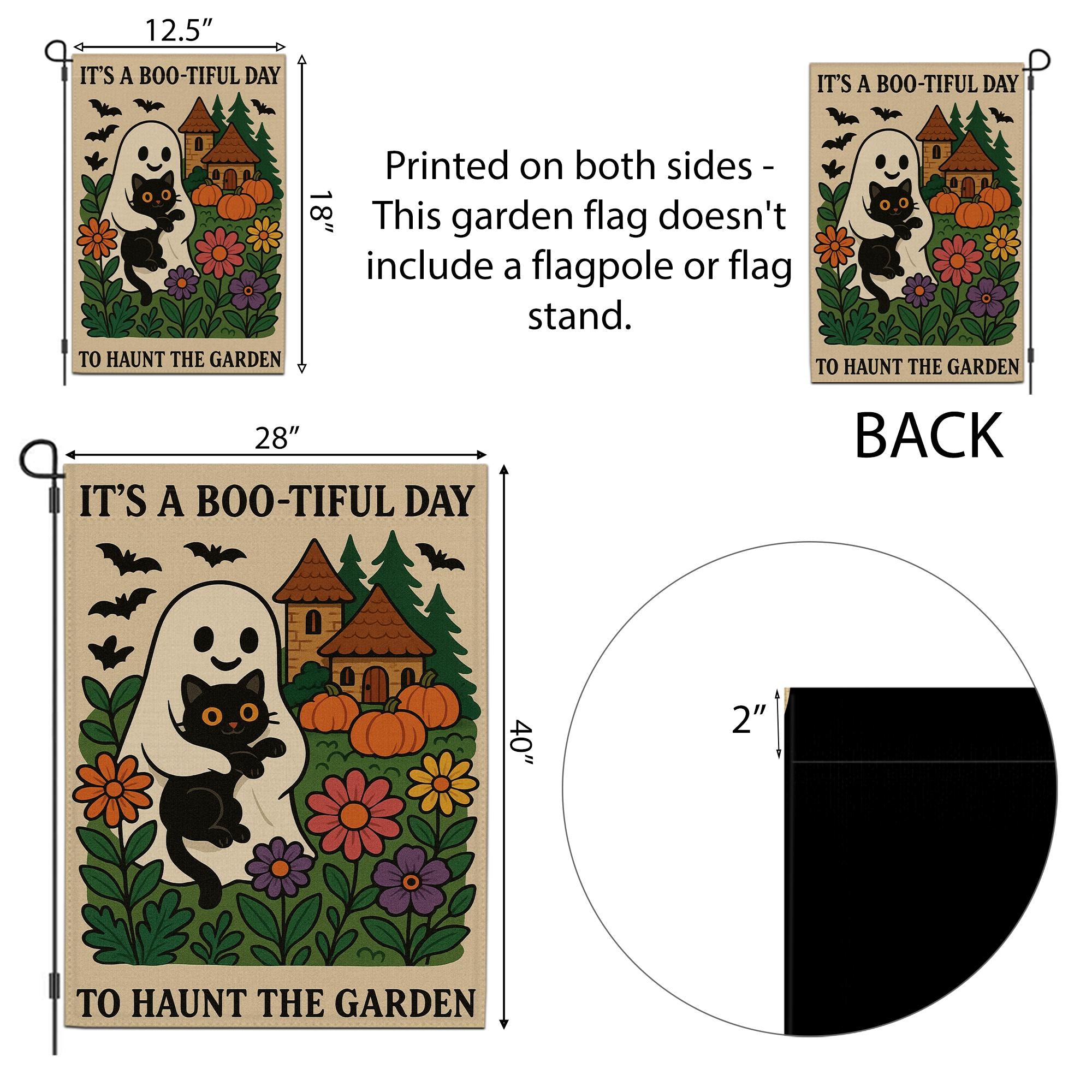 Halloween Garden Flag, Boo-tiful Day Ghost Cat Banner, Cute Spooky Outdoor Decor, Fall Yard Flag with Pumpkins and Flowers