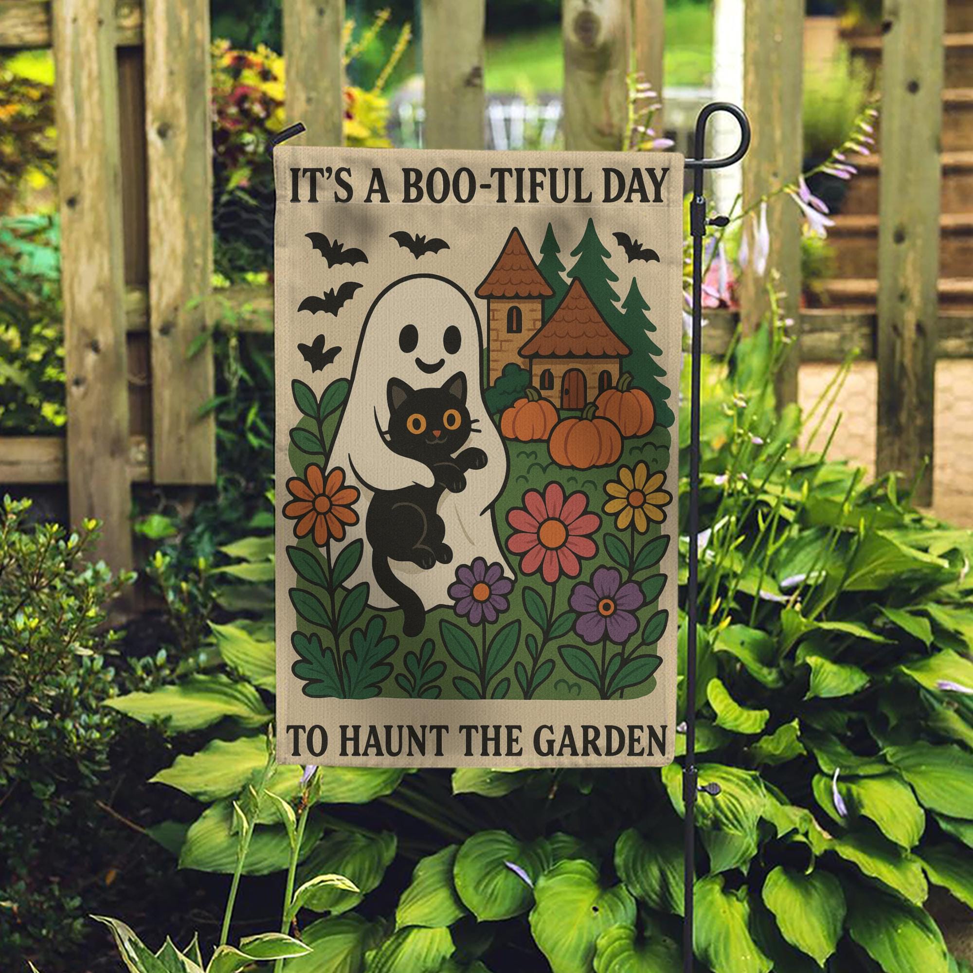 Halloween Garden Flag, Boo-tiful Day Ghost Cat Banner, Cute Spooky Outdoor Decor, Fall Yard Flag with Pumpkins and Flowers