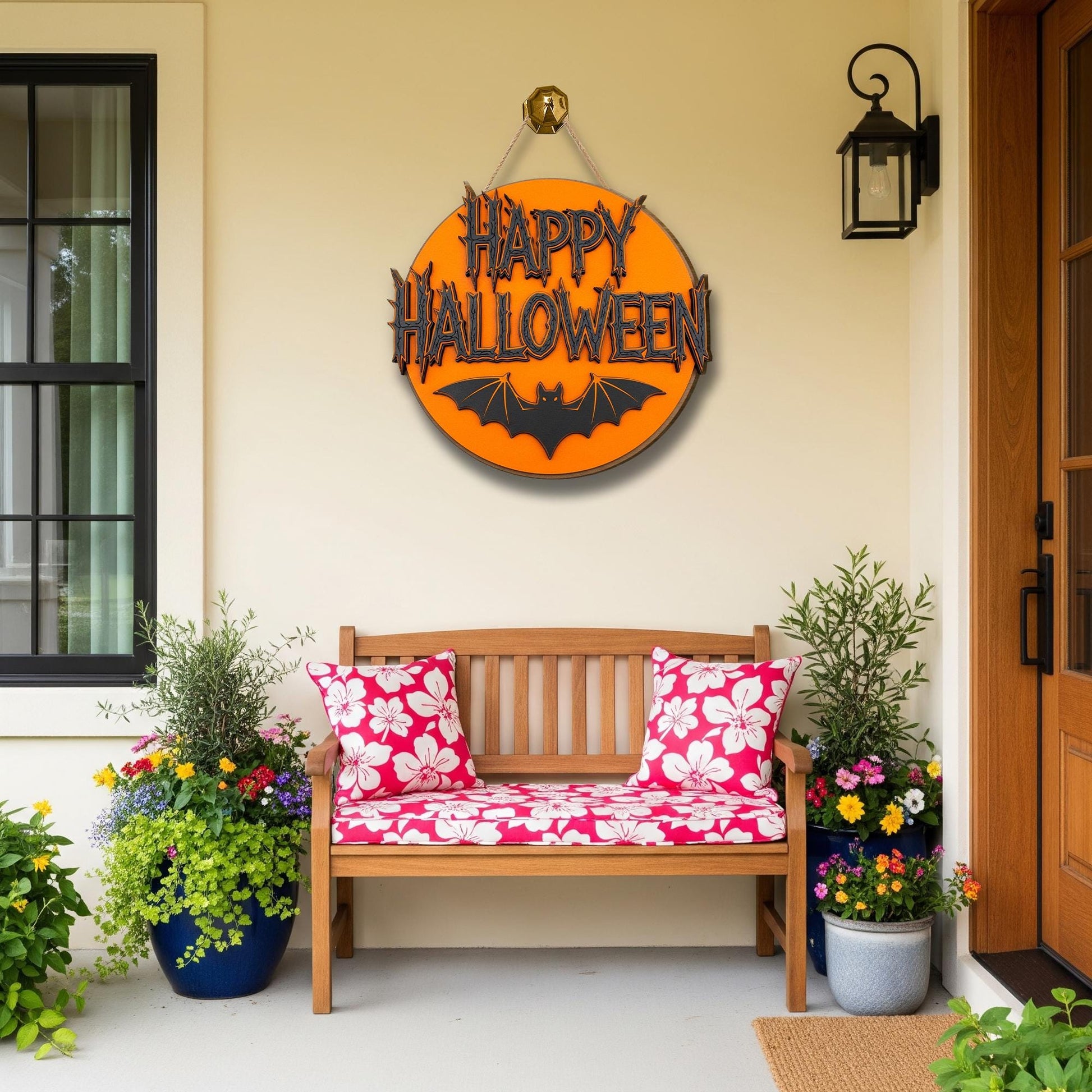 Happy Halloween 2 Layer Wall Sign | Spooky Bat Decor | Orange Round Halloween Plaque | Gothic Wall Art | Haunted House Sign