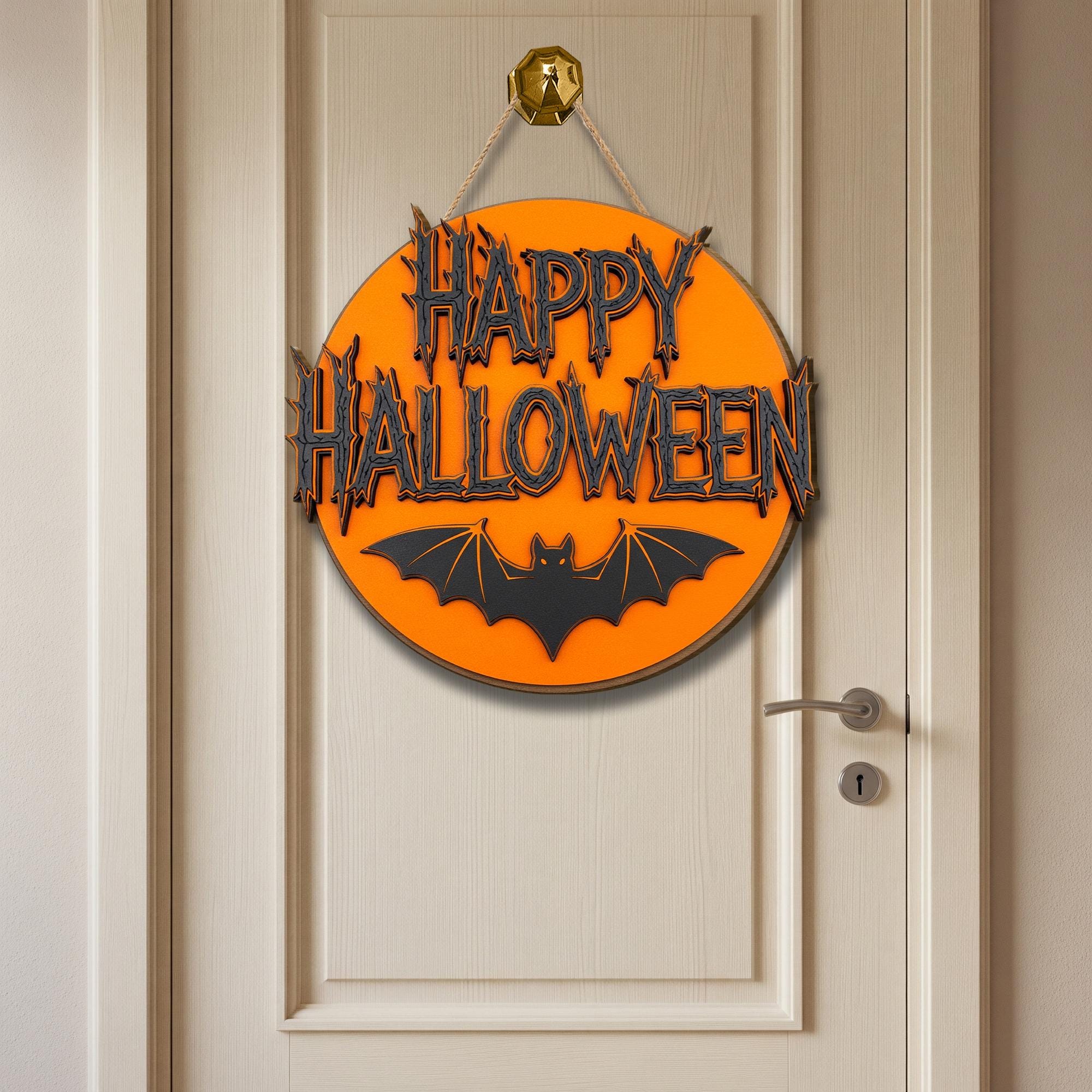 Happy Halloween 2 Layer Wall Sign | Spooky Bat Decor | Orange Round Halloween Plaque | Gothic Wall Art | Haunted House Sign