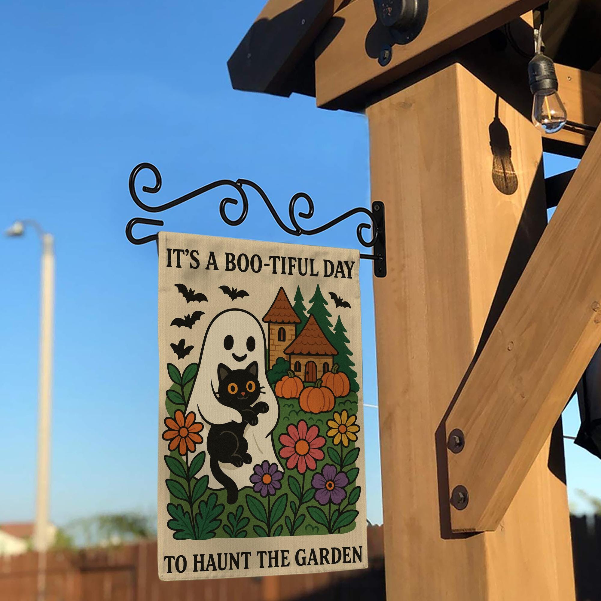 Halloween Garden Flag, Boo-tiful Day Ghost Cat Banner, Cute Spooky Outdoor Decor, Fall Yard Flag with Pumpkins and Flowers