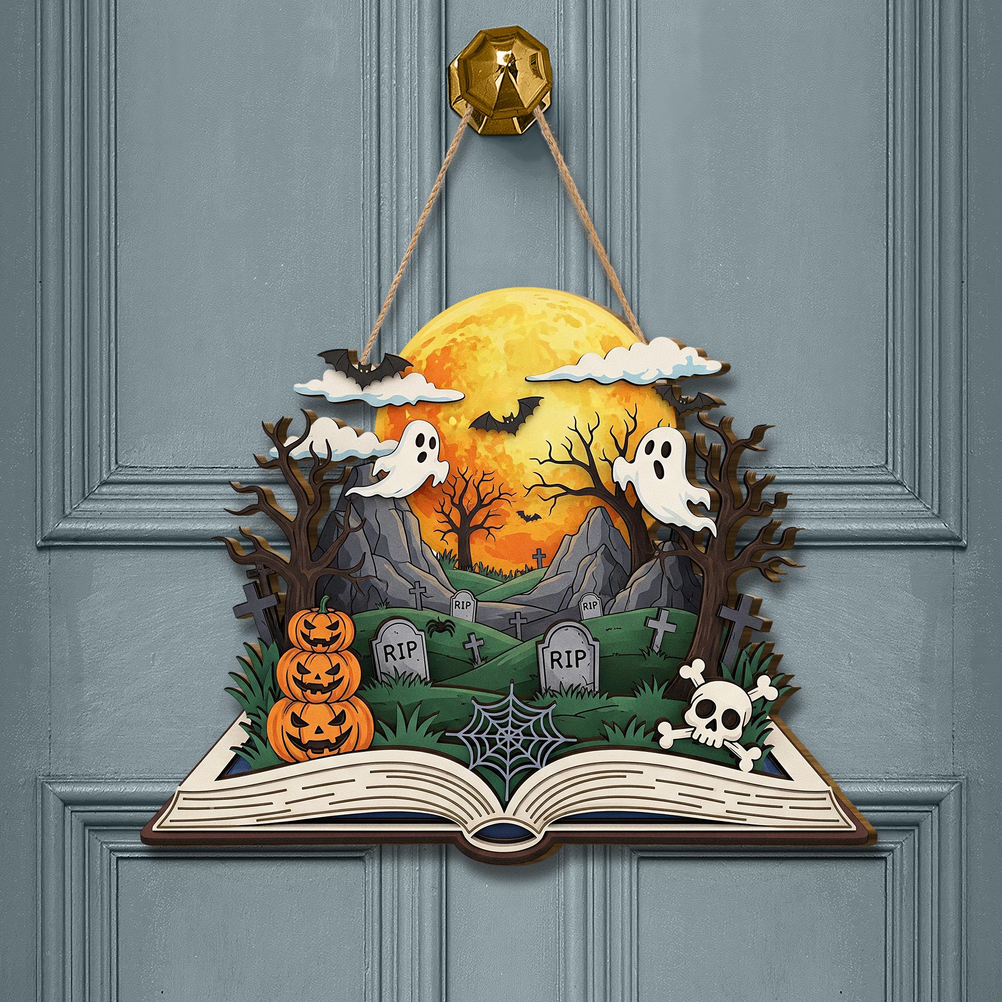 Halloween Storybook Door Hanger | Haunted Graveyard Hanging Sign with Ghosts | Spooky 3D Wall Decor | Pumpkin Skull Art