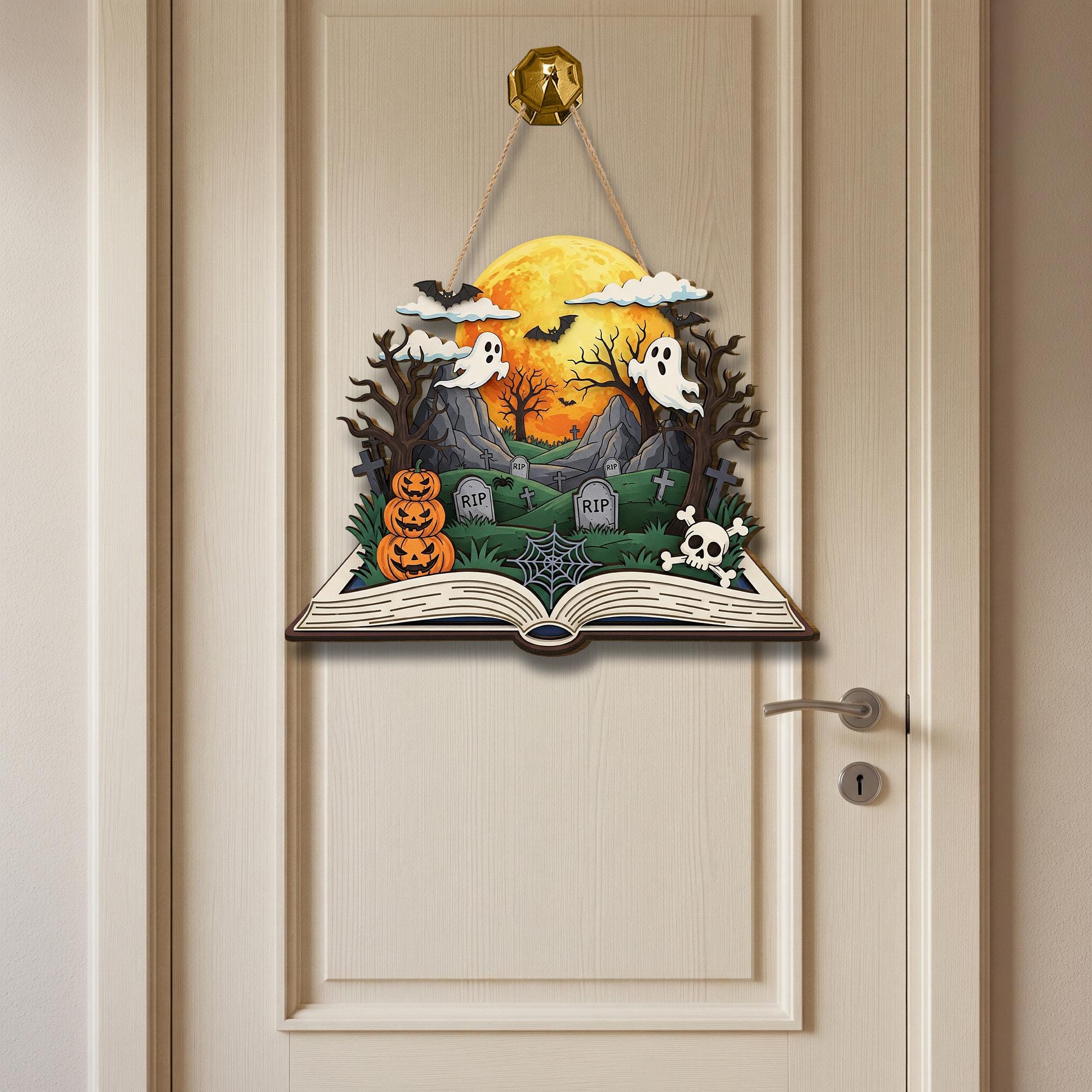 Halloween Storybook Door Hanger | Haunted Graveyard Hanging Sign with Ghosts | Spooky 3D Wall Decor | Pumpkin Skull Art