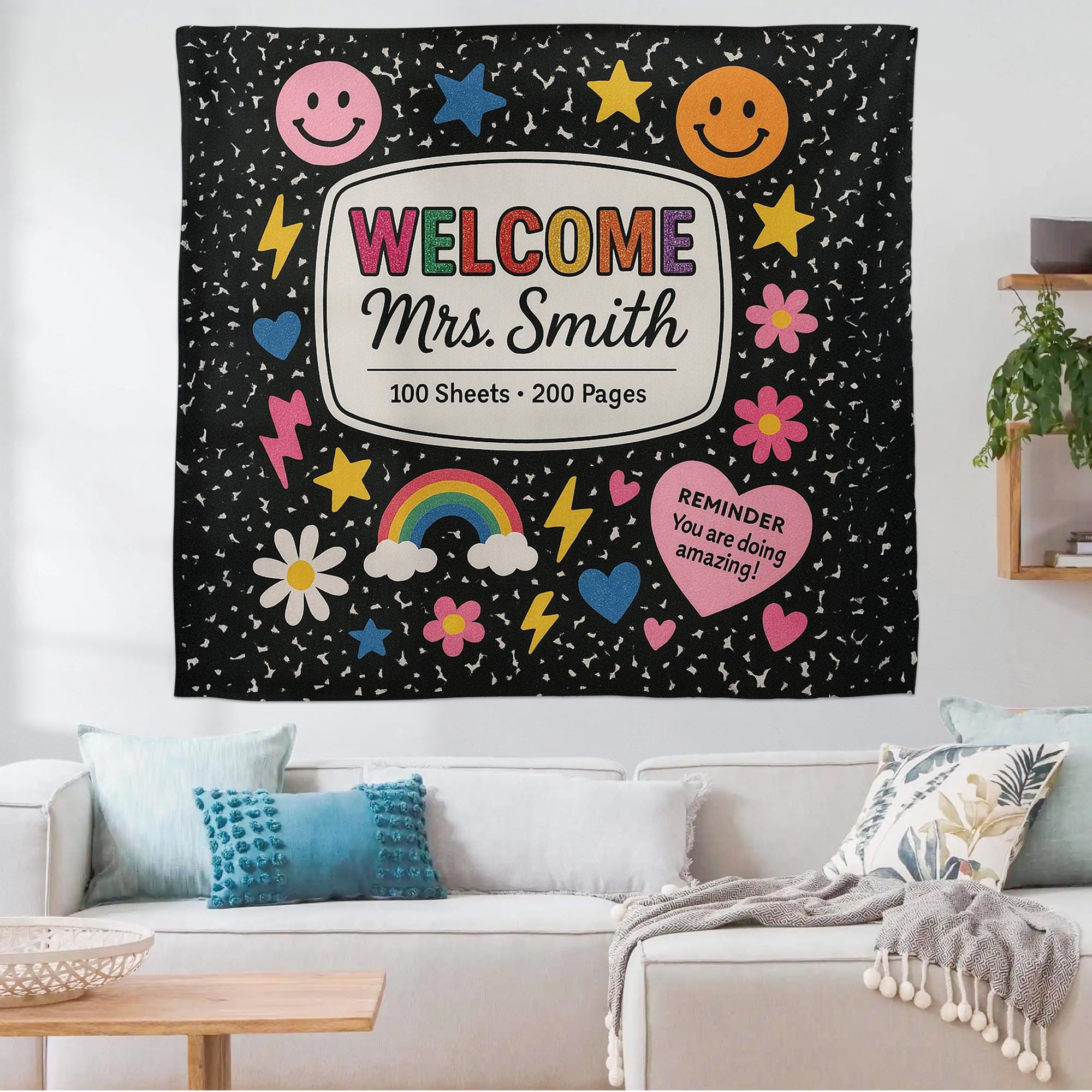 Welcome Classroom Tapestry, Cute Notebook Theme Wall Decor, Rainbow Smiley School Banner, Teacher Back to School Sign