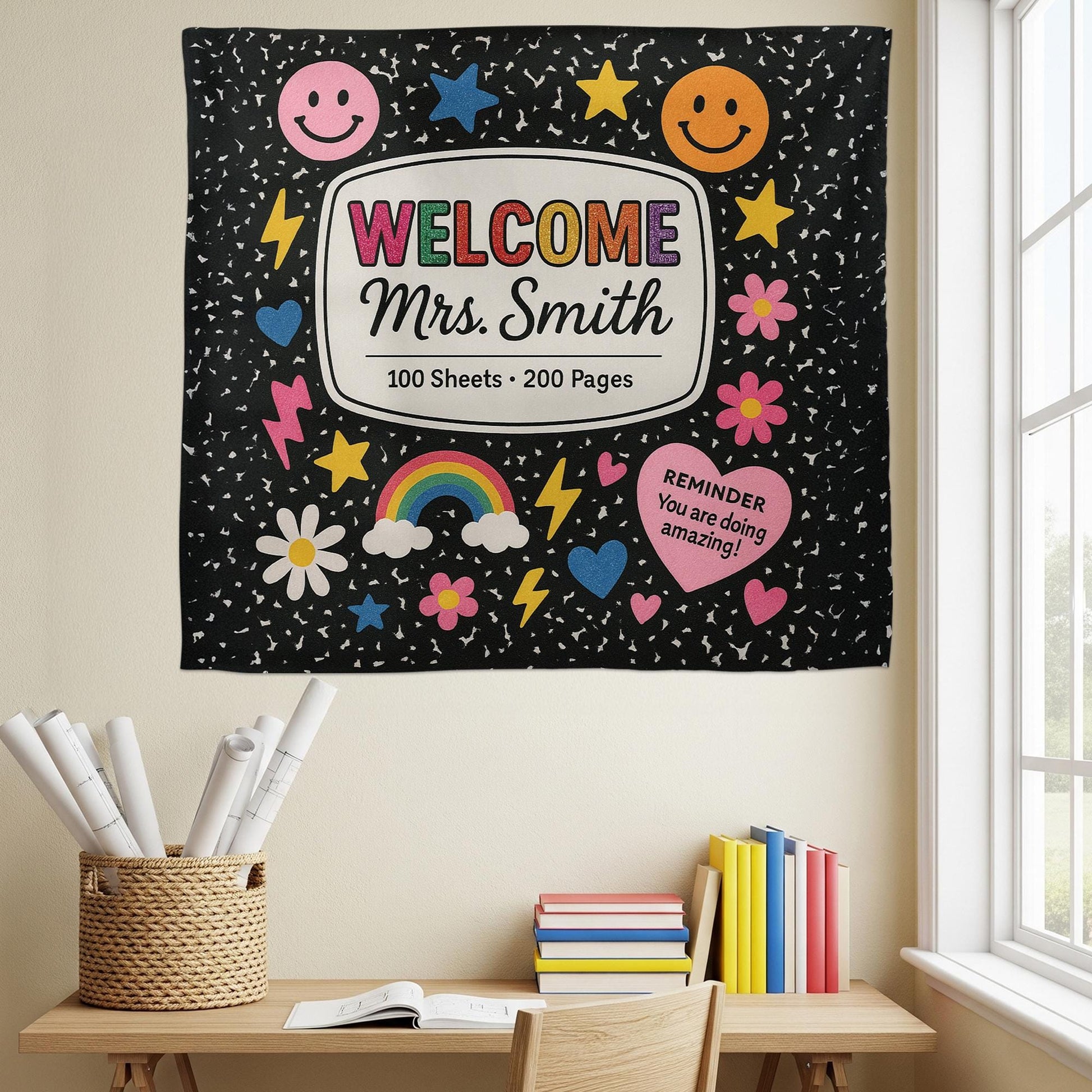 Welcome Classroom Tapestry, Cute Notebook Theme Wall Decor, Rainbow Smiley School Banner, Teacher Back to School Sign
