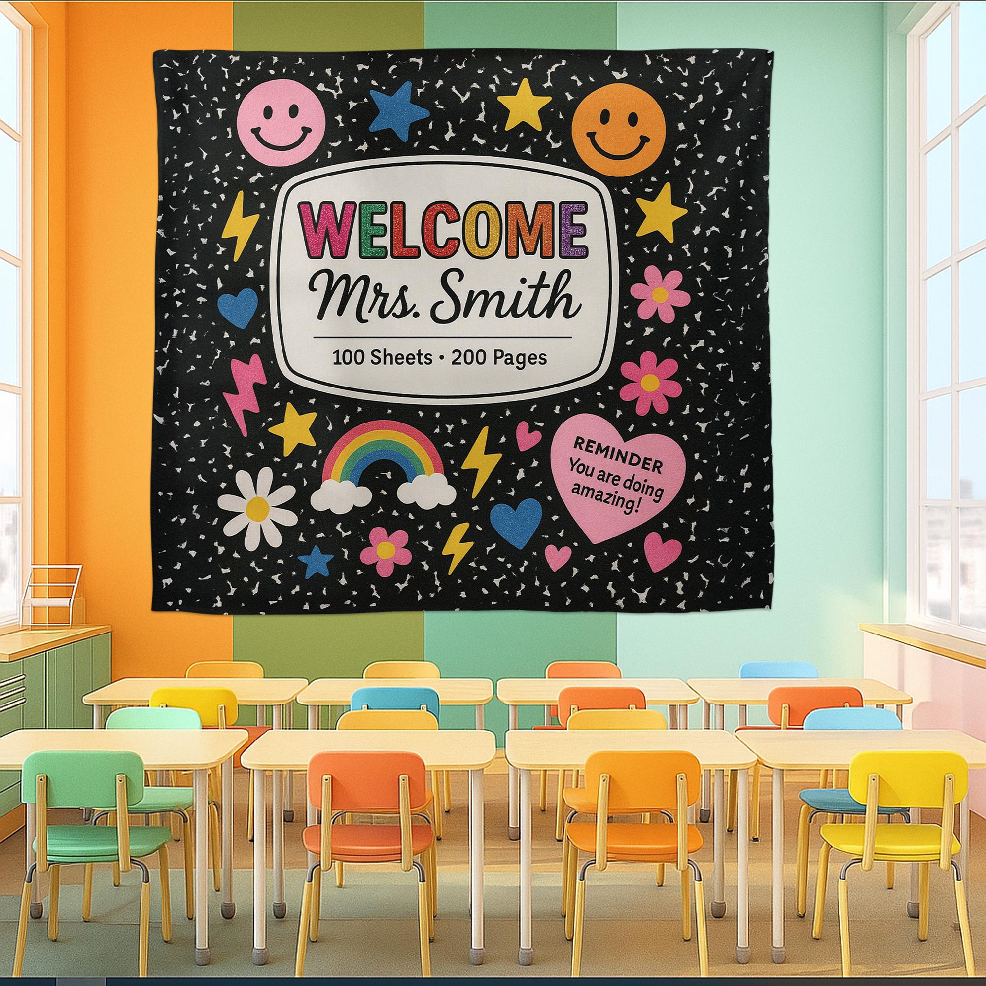 Welcome Classroom Tapestry, Cute Notebook Theme Wall Decor, Rainbow Smiley School Banner, Teacher Back to School Sign