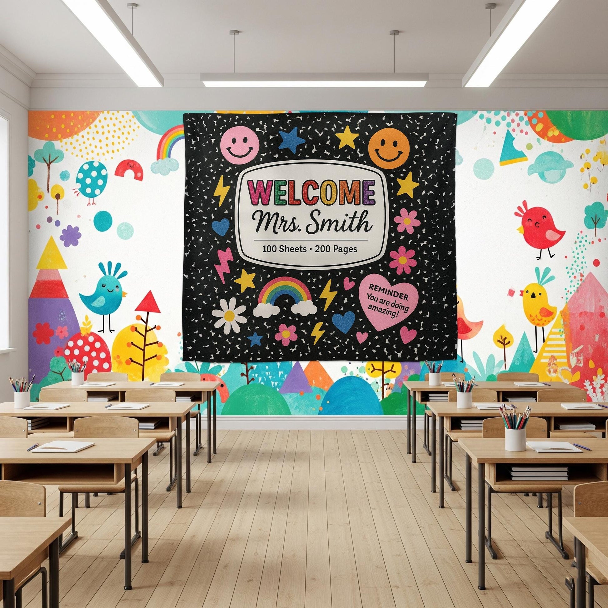Welcome Classroom Tapestry, Cute Notebook Theme Wall Decor, Rainbow Smiley School Banner, Teacher Back to School Sign
