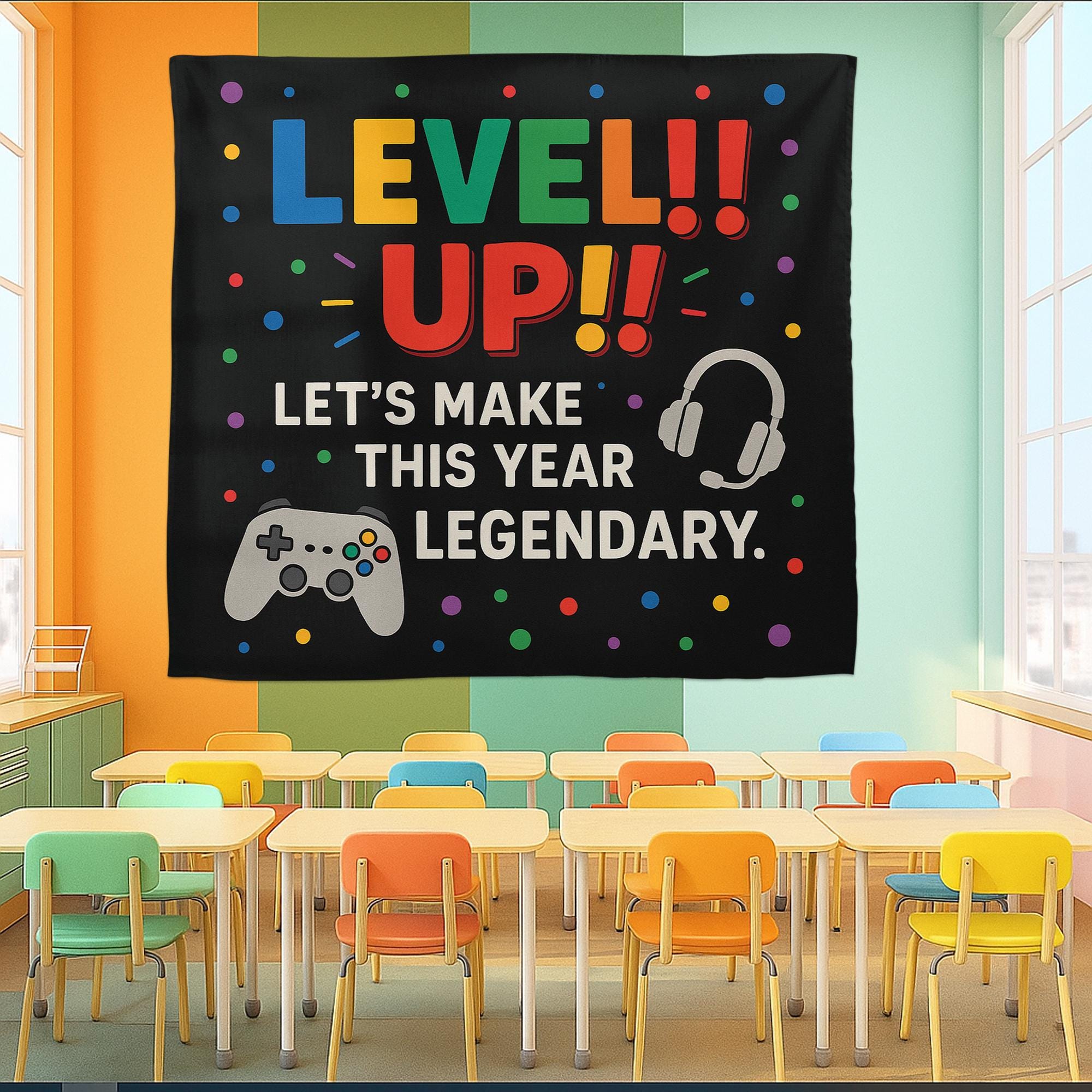 Level Up Classroom Tapestry, Gamer Theme Wall Decor for Teachers, Back to School Poster, Motivational Gaming Classroom Sign