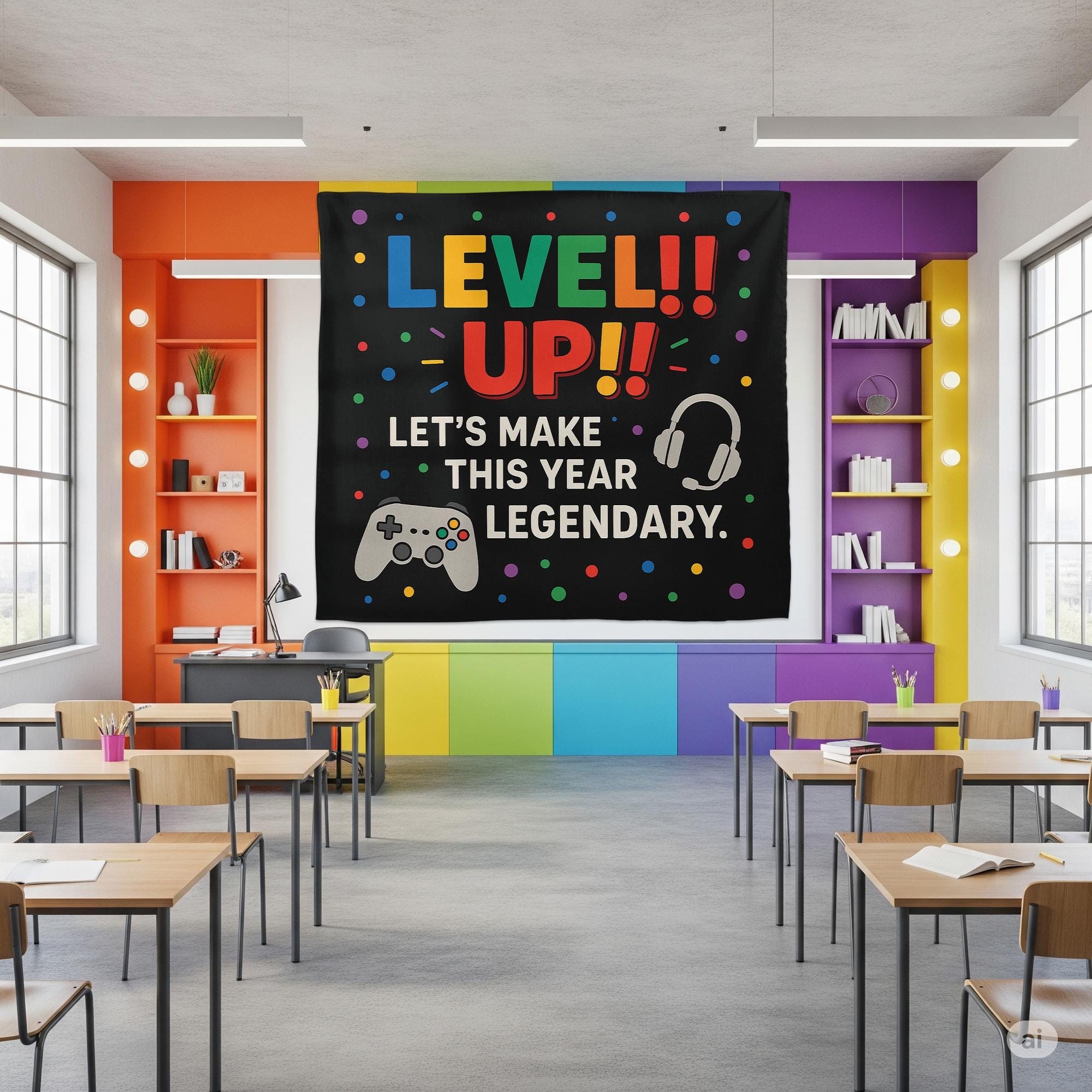 Level Up Classroom Tapestry, Gamer Theme Wall Decor for Teachers, Back to School Poster, Motivational Gaming Classroom Sign