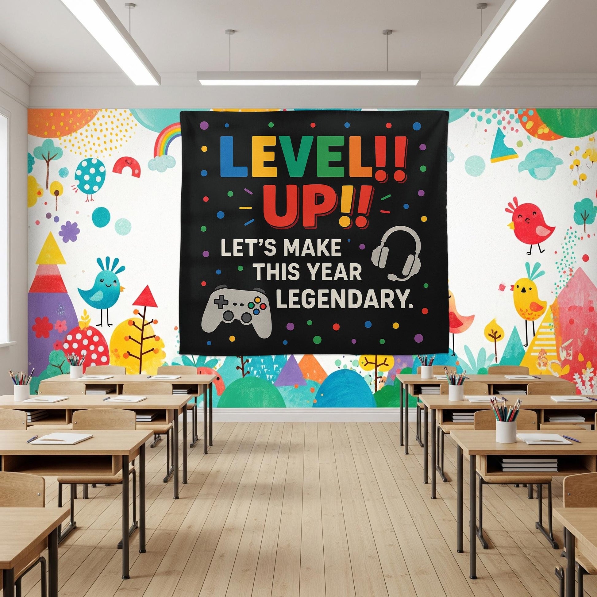 Level Up Classroom Tapestry, Gamer Theme Wall Decor for Teachers, Back to School Poster, Motivational Gaming Classroom Sign