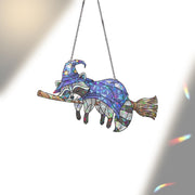 Witch Raccoon Suncatcher | Stained Glass Halloween Animal Decor | Flying Broom Window Hanging | Cute Fall Witchy Ornament