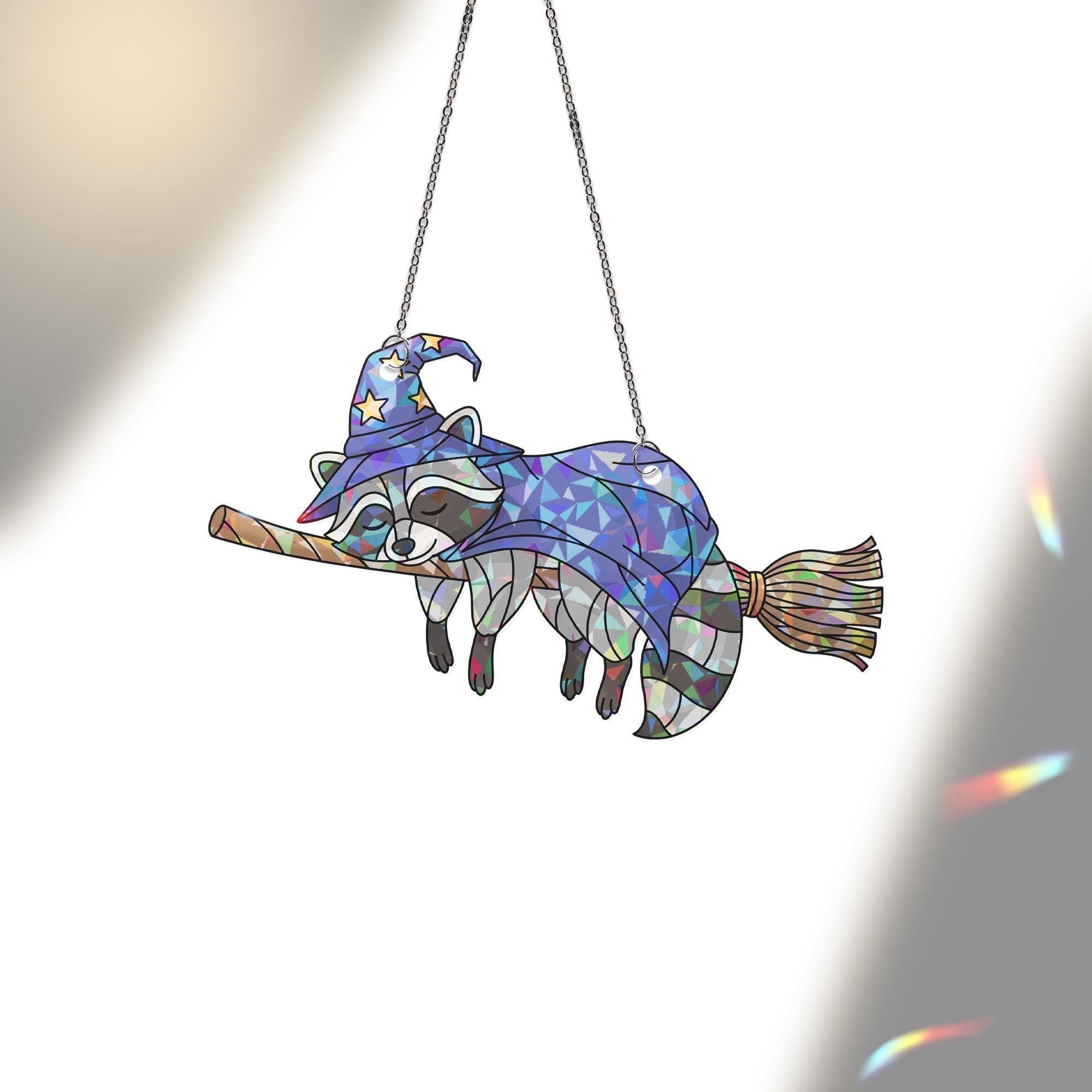 Witch Raccoon Suncatcher | Stained Glass Halloween Animal Decor | Flying Broom Window Hanging | Cute Fall Witchy Ornament