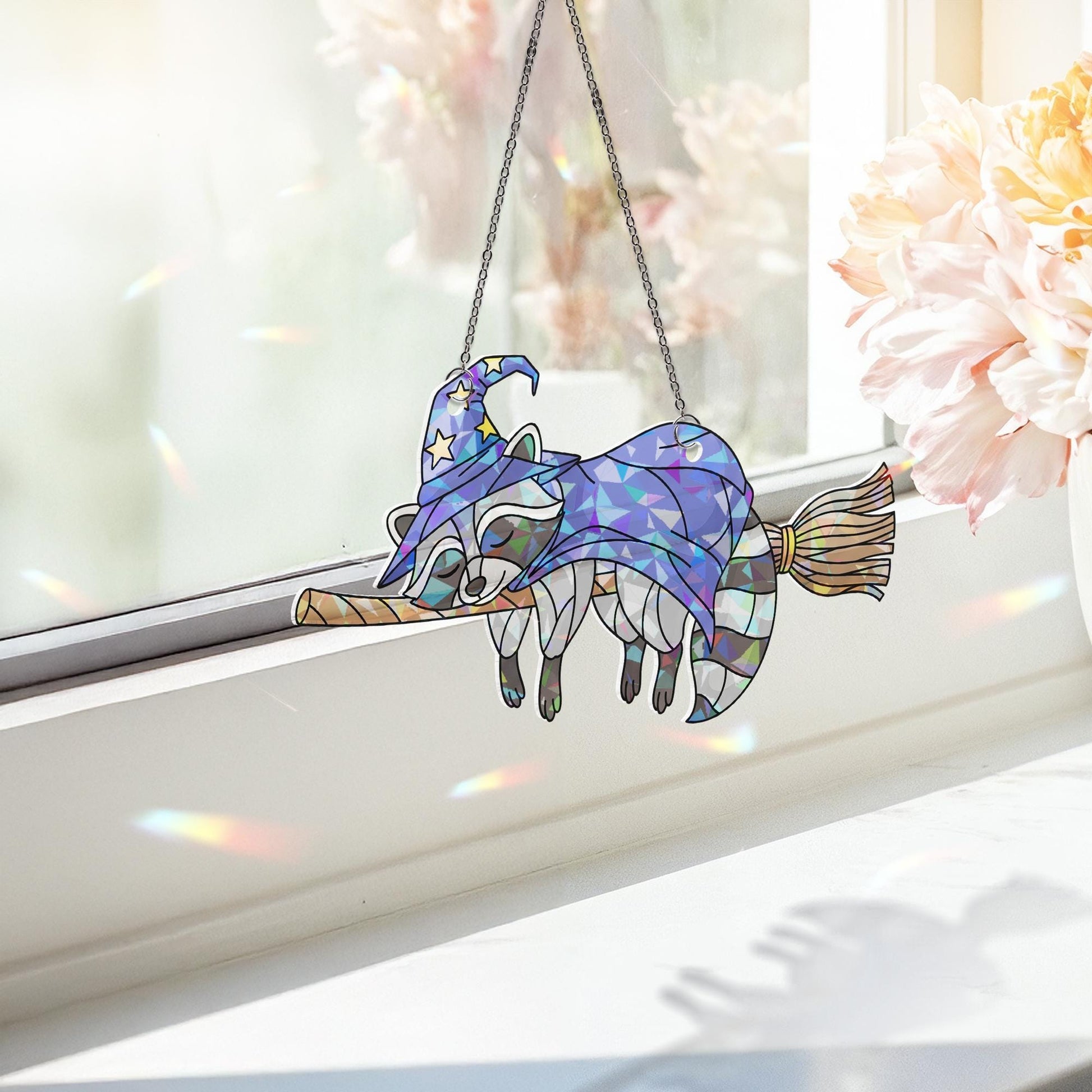 Witch Raccoon Suncatcher | Stained Glass Halloween Animal Decor | Flying Broom Window Hanging | Cute Fall Witchy Ornament