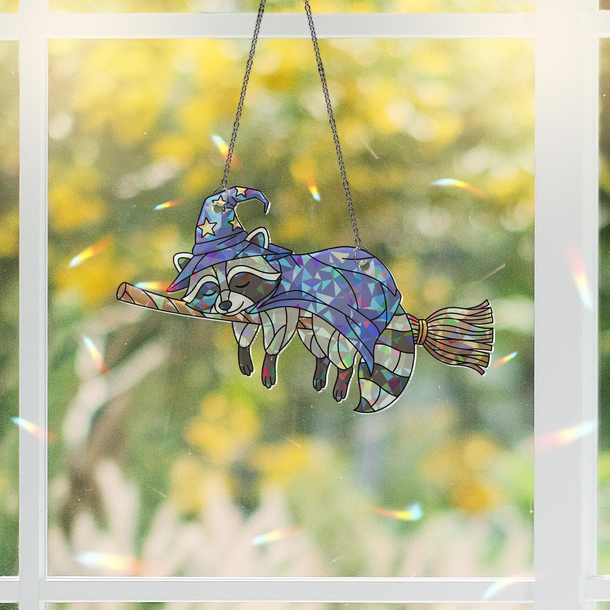Witch Raccoon Suncatcher | Stained Glass Halloween Animal Decor | Flying Broom Window Hanging | Cute Fall Witchy Ornament