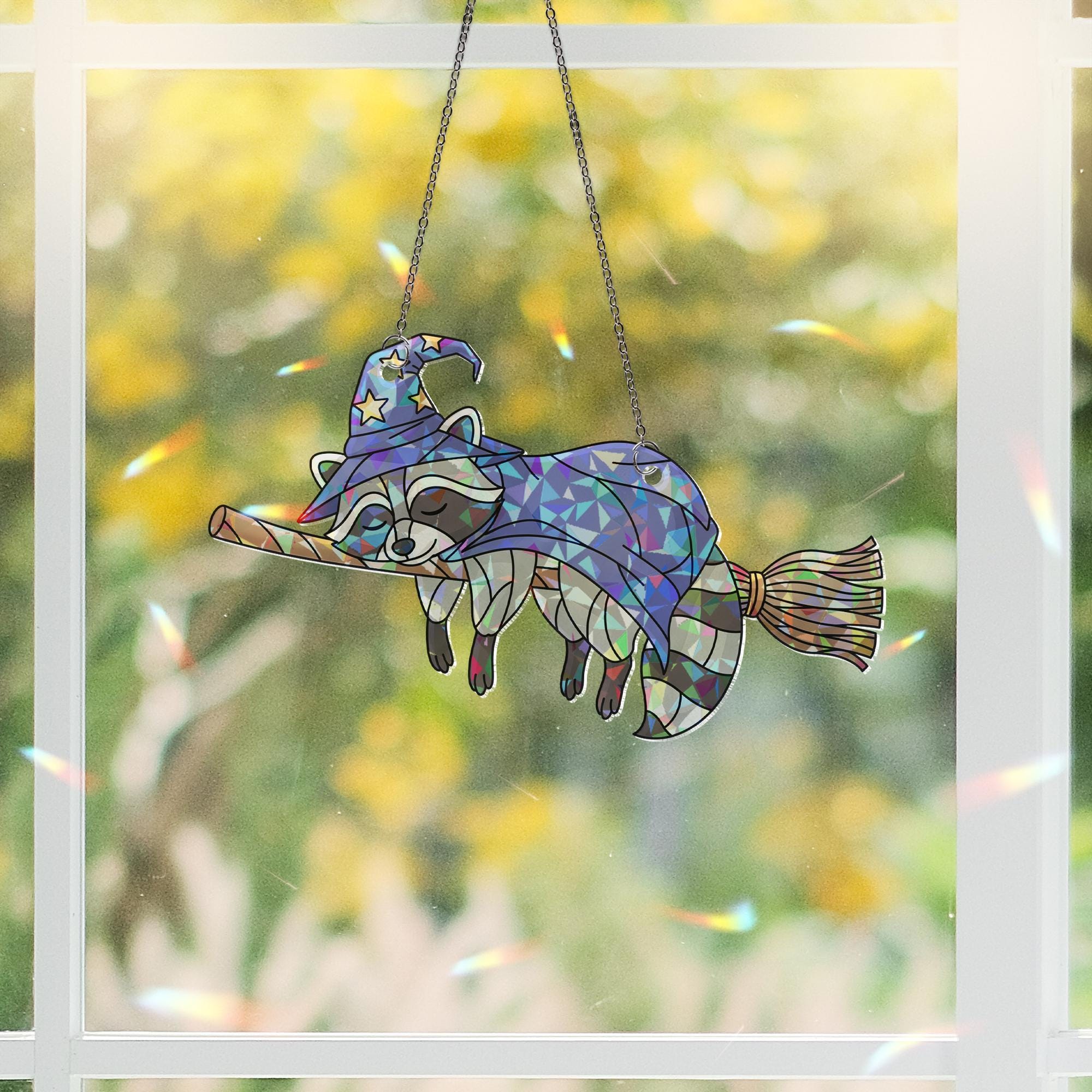 Witch Raccoon Suncatcher | Stained Glass Halloween Animal Decor | Flying Broom Window Hanging | Cute Fall Witchy Ornament