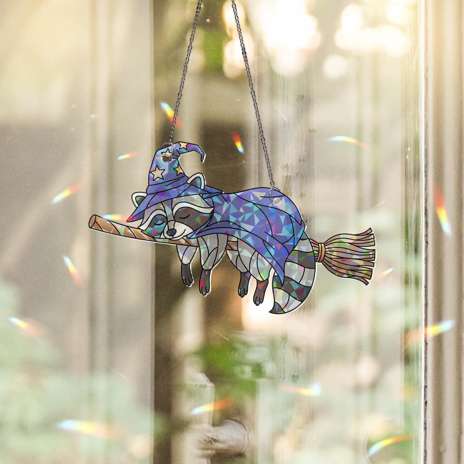 Witch Raccoon Suncatcher | Stained Glass Halloween Animal Decor | Flying Broom Window Hanging | Cute Fall Witchy Ornament