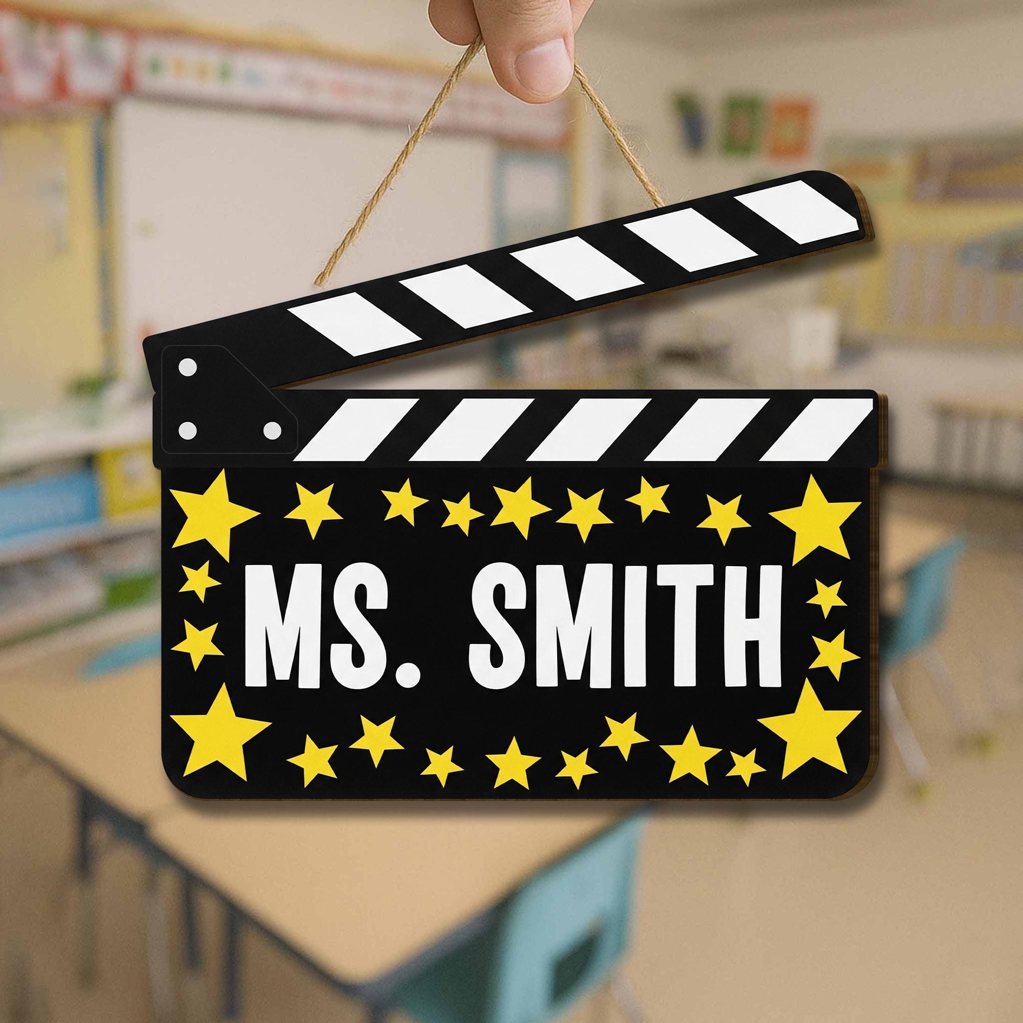 Personalized Movie Theme Teacher Door Sign – Custom Name Clapperboard Decor with Stars, Classroom Gift for Drama or Theater Teacher, Staffs