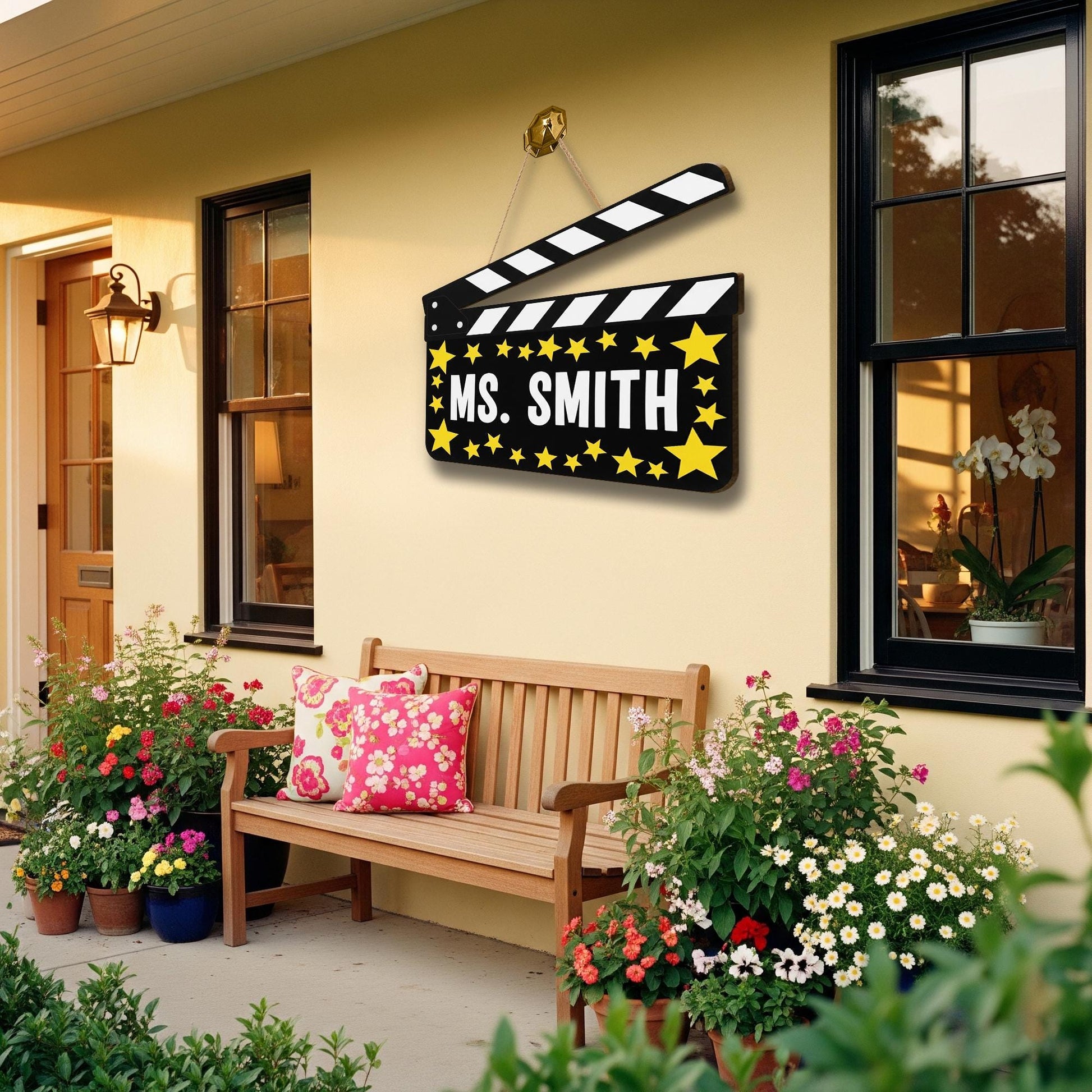 Personalized Movie Theme Teacher Door Sign – Custom Name Clapperboard Decor with Stars, Classroom Gift for Drama or Theater Teacher, Staffs