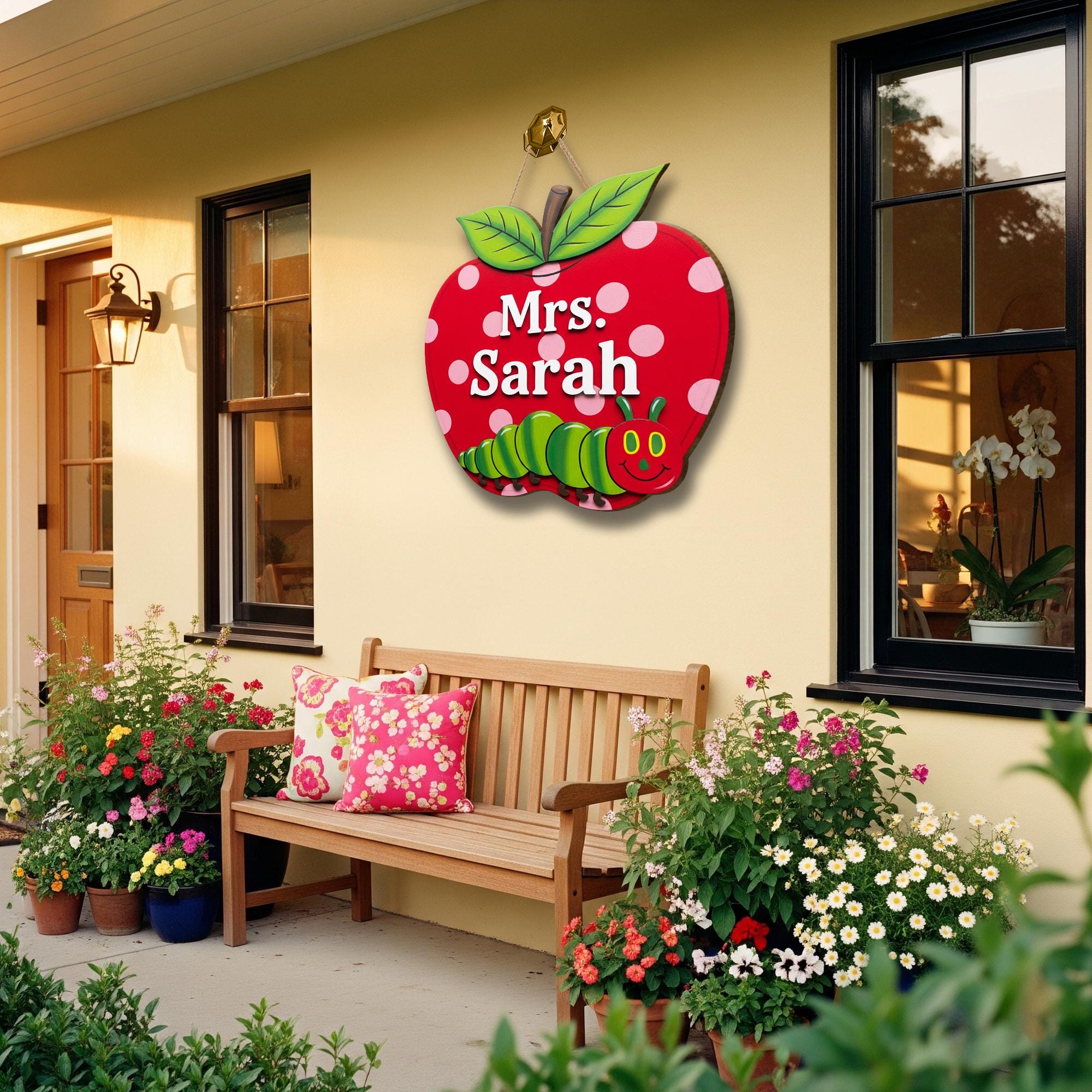 Personalized Apple Teacher Door Sign with Caterpillar – Custom Classroom Name Decor, Cute Back to School Gift for Teachers, School Supplies