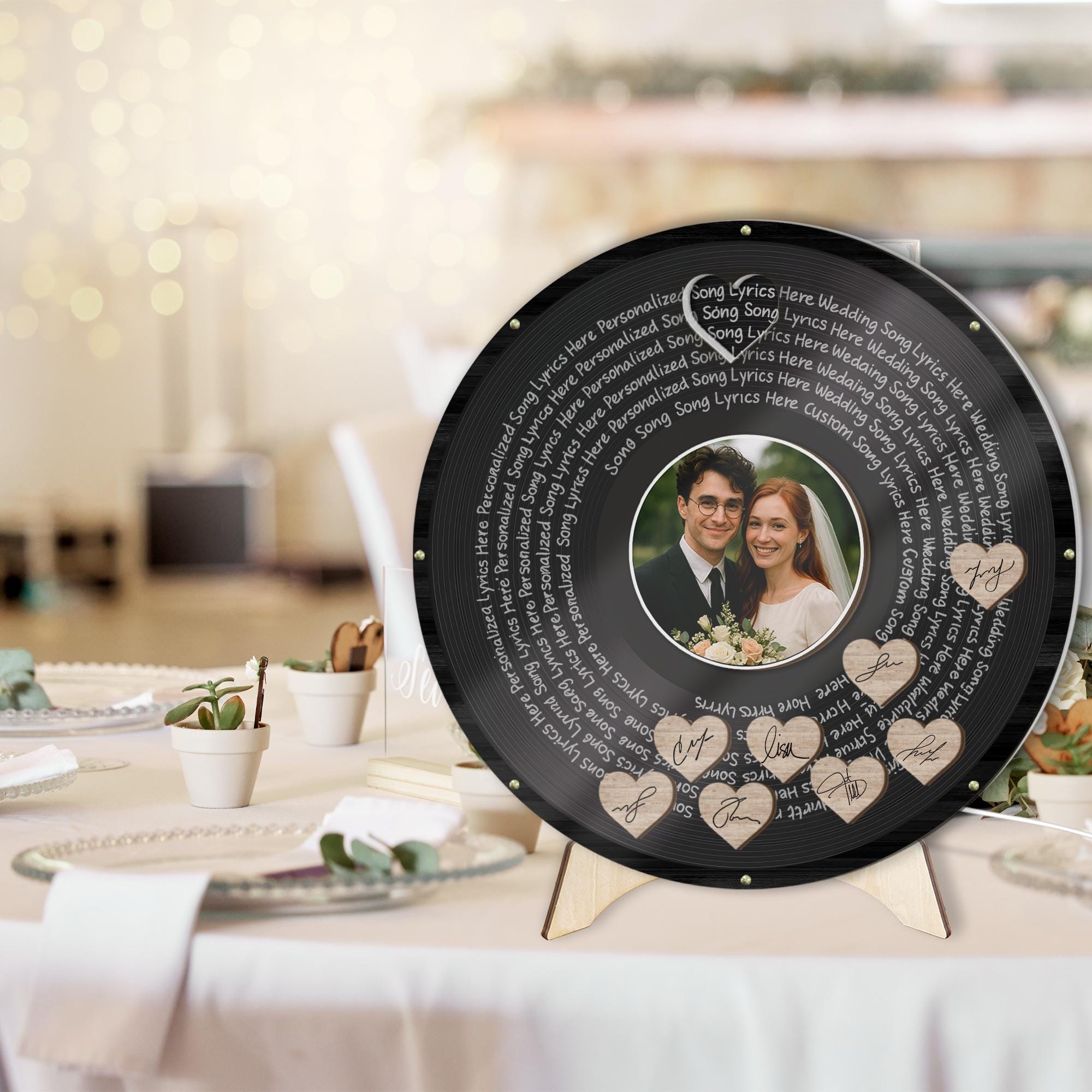 Custom Wedding Guest Book with LED Light - Personalized Vinyl Record Sign with Photo & Song Lyrics - Unique Wedding Keepsake for Couples
