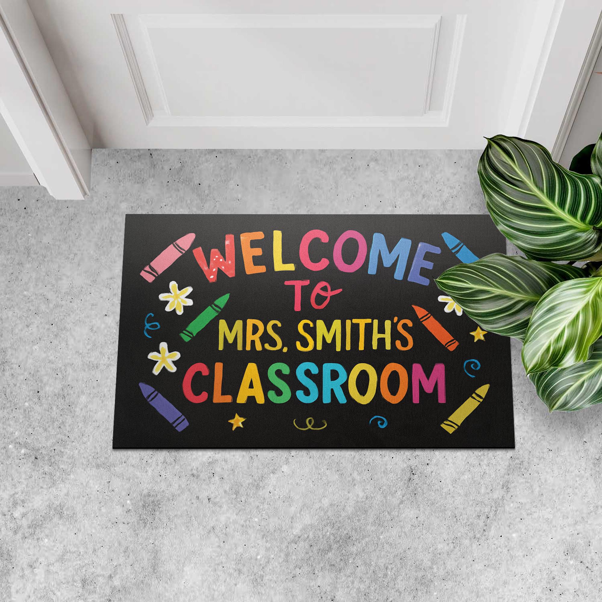 Welcome Mat for Classroom, Personalized Teacher Doormat, Back to School Rug, Cute Door Decor, Teacher Crayon Theme Mat