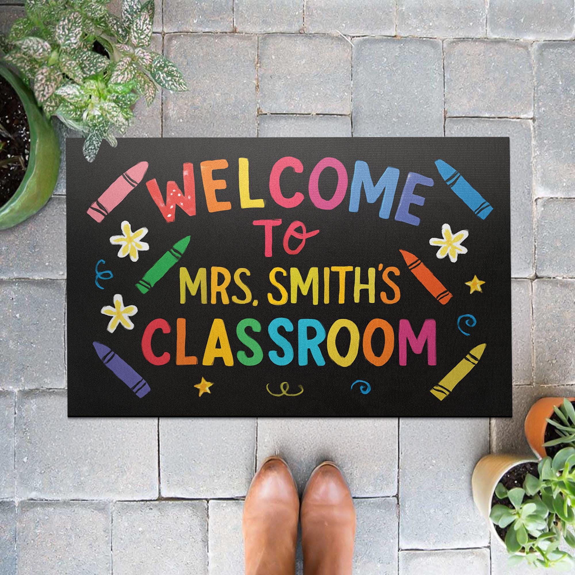Welcome Mat for Classroom, Personalized Teacher Doormat, Back to School Rug, Cute Door Decor, Teacher Crayon Theme Mat