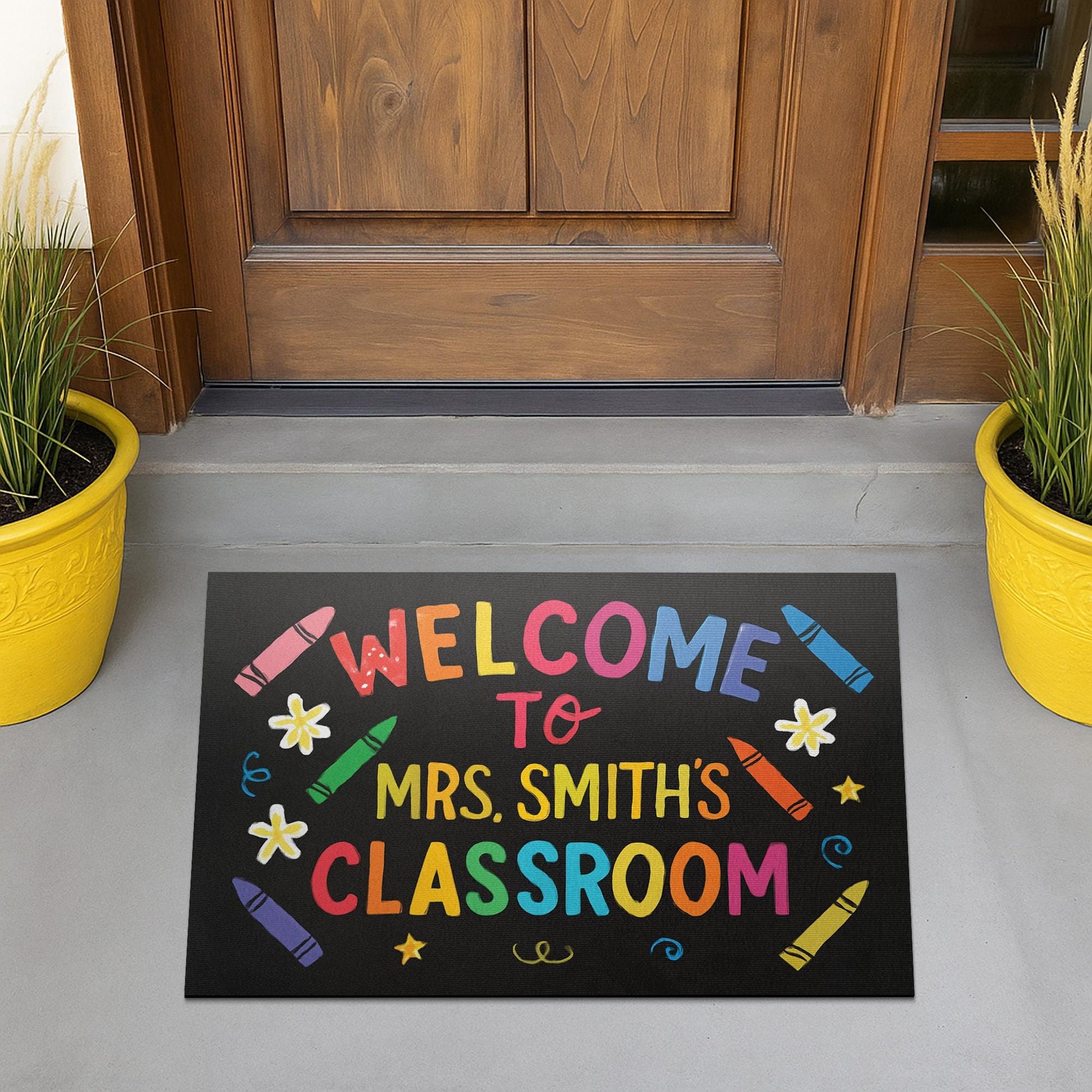 Welcome Mat for Classroom, Personalized Teacher Doormat, Back to School Rug, Cute Door Decor, Teacher Crayon Theme Mat