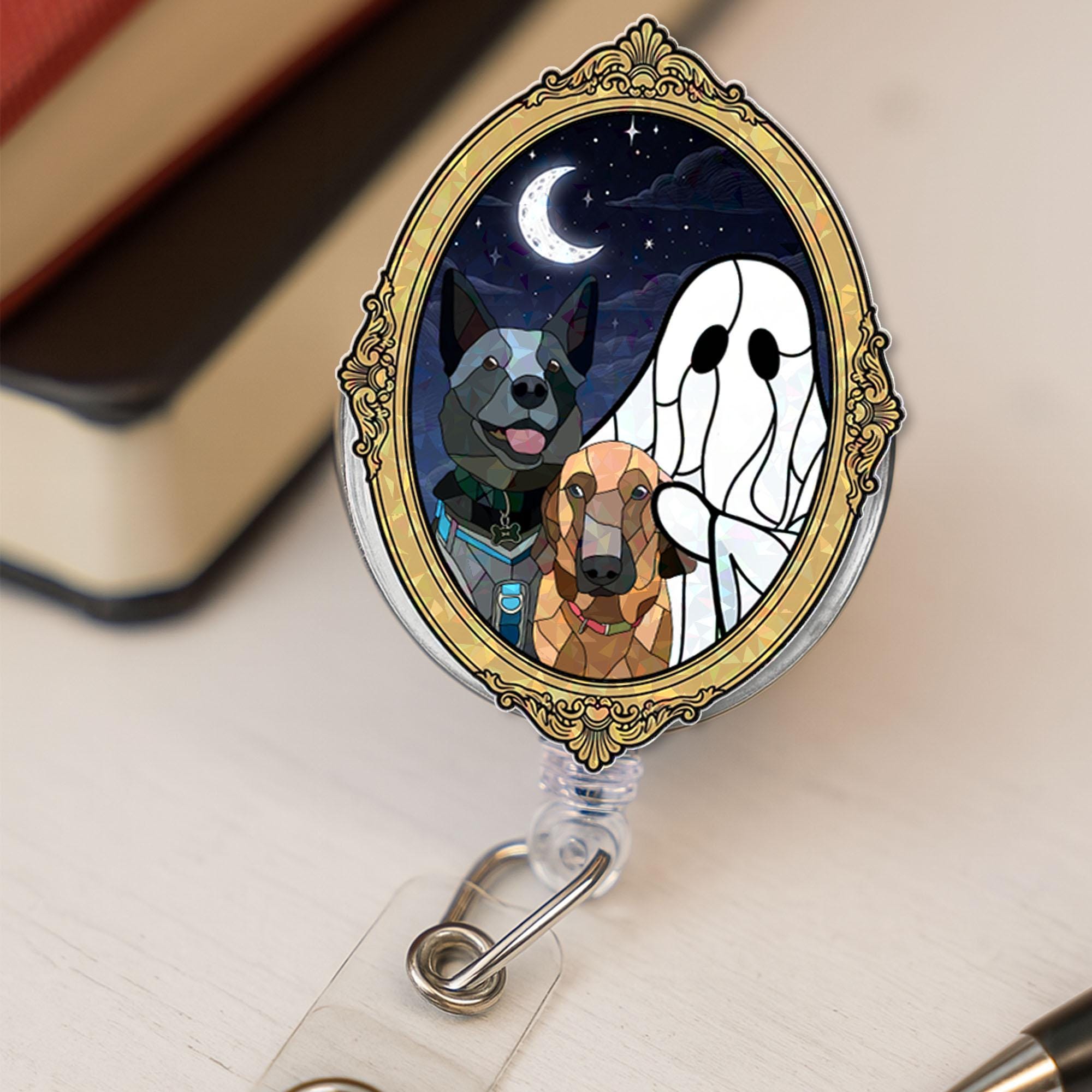 Custom Pet Photo Badge Reel | Holographic Ghost Dog ID Holder | Personalized Animal Name Tag | Halloween Lanyard Clip for Vet Techs & Nurses