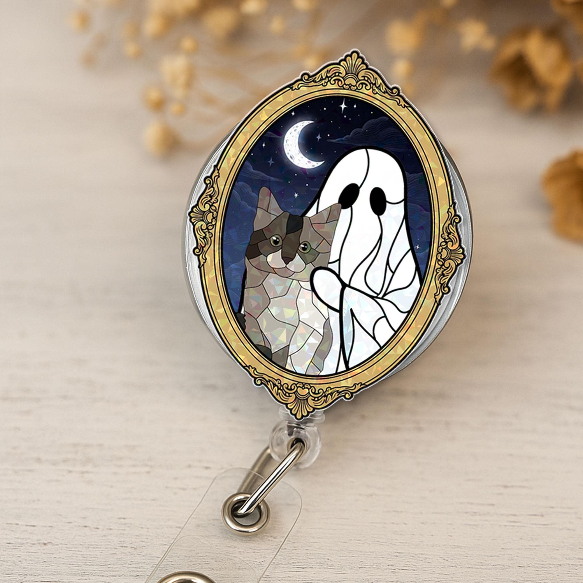 Custom Pet Photo Badge Reel | Holographic Ghost Dog ID Holder | Personalized Animal Name Tag | Halloween Lanyard Clip for Vet Techs & Nurses