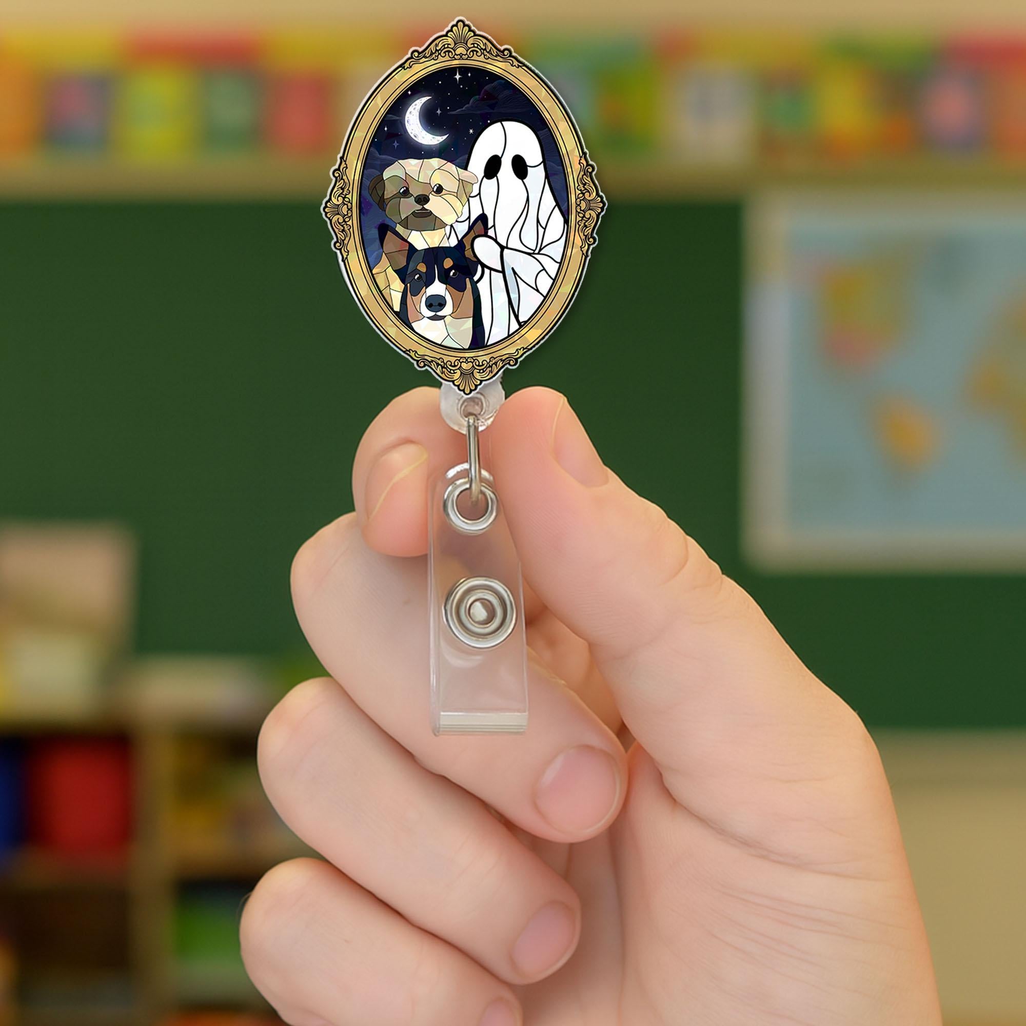 Custom Pet Photo Badge Reel | Holographic Ghost Dog ID Holder | Personalized Animal Name Tag | Halloween Lanyard Clip for Vet Techs & Nurses