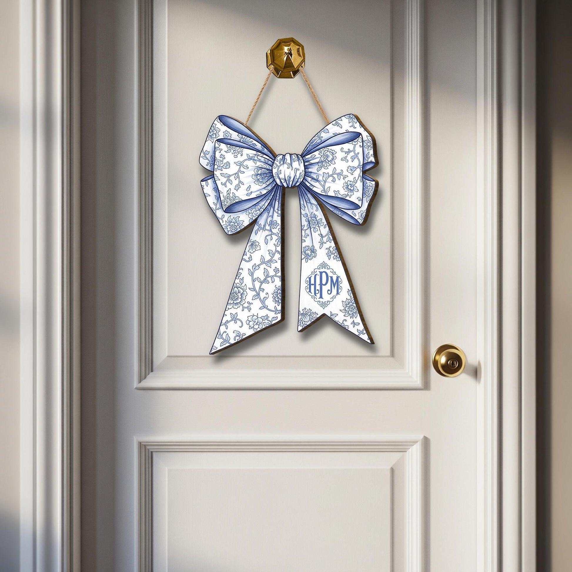 Custom Chinoiserie Bow Door Sign | Blue Floral “Coquette” Initial Hanger | Elegant Monogram Dorm & Nursey Decor | Preppy Name Door Plaque