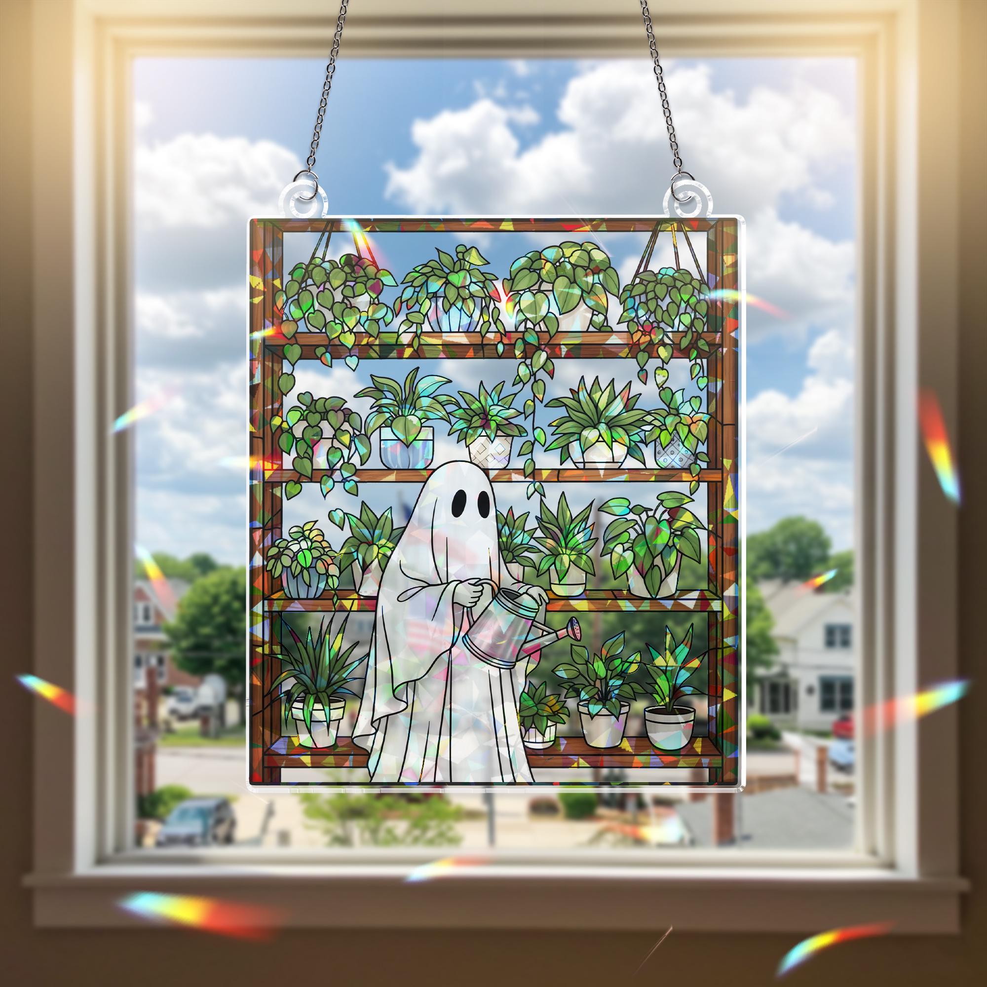 Ghost Plant Lover Suncatcher – Holographic Acrylic Window Decor – Spooky Plant Shelf Sun Catcher – Cottagecore Halloween Gift