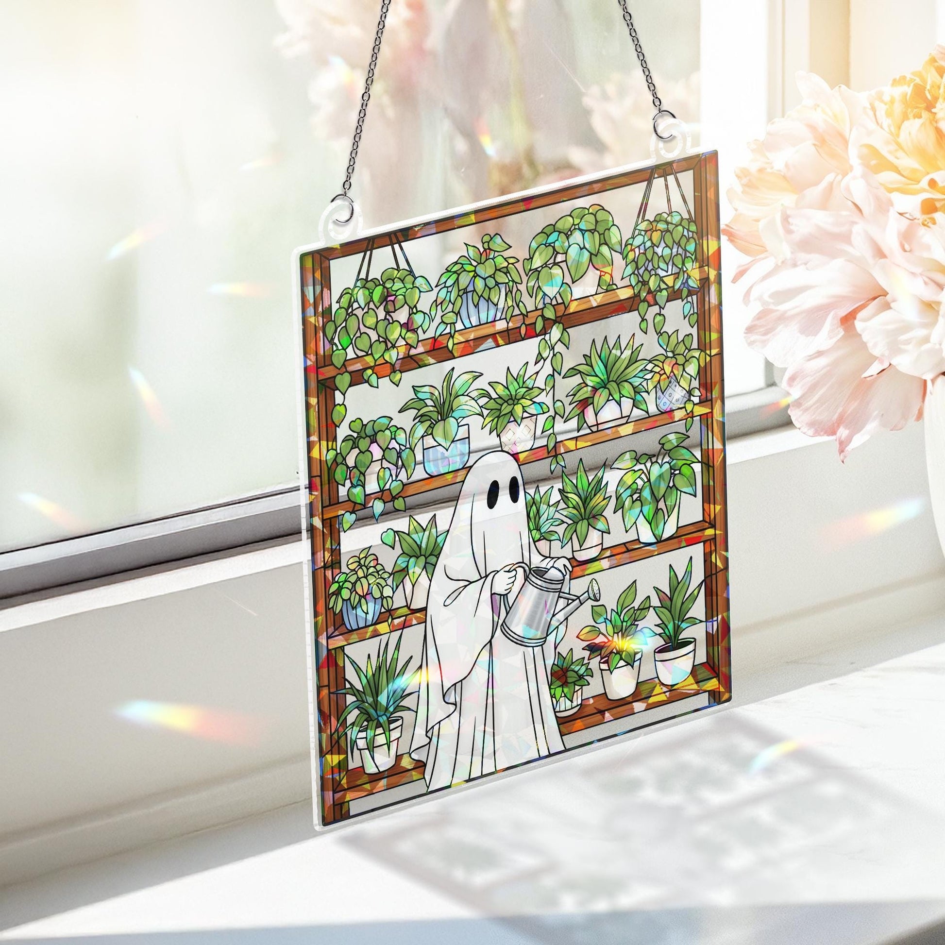 Ghost Plant Lover Suncatcher – Holographic Acrylic Window Decor – Spooky Plant Shelf Sun Catcher – Cottagecore Halloween Gift