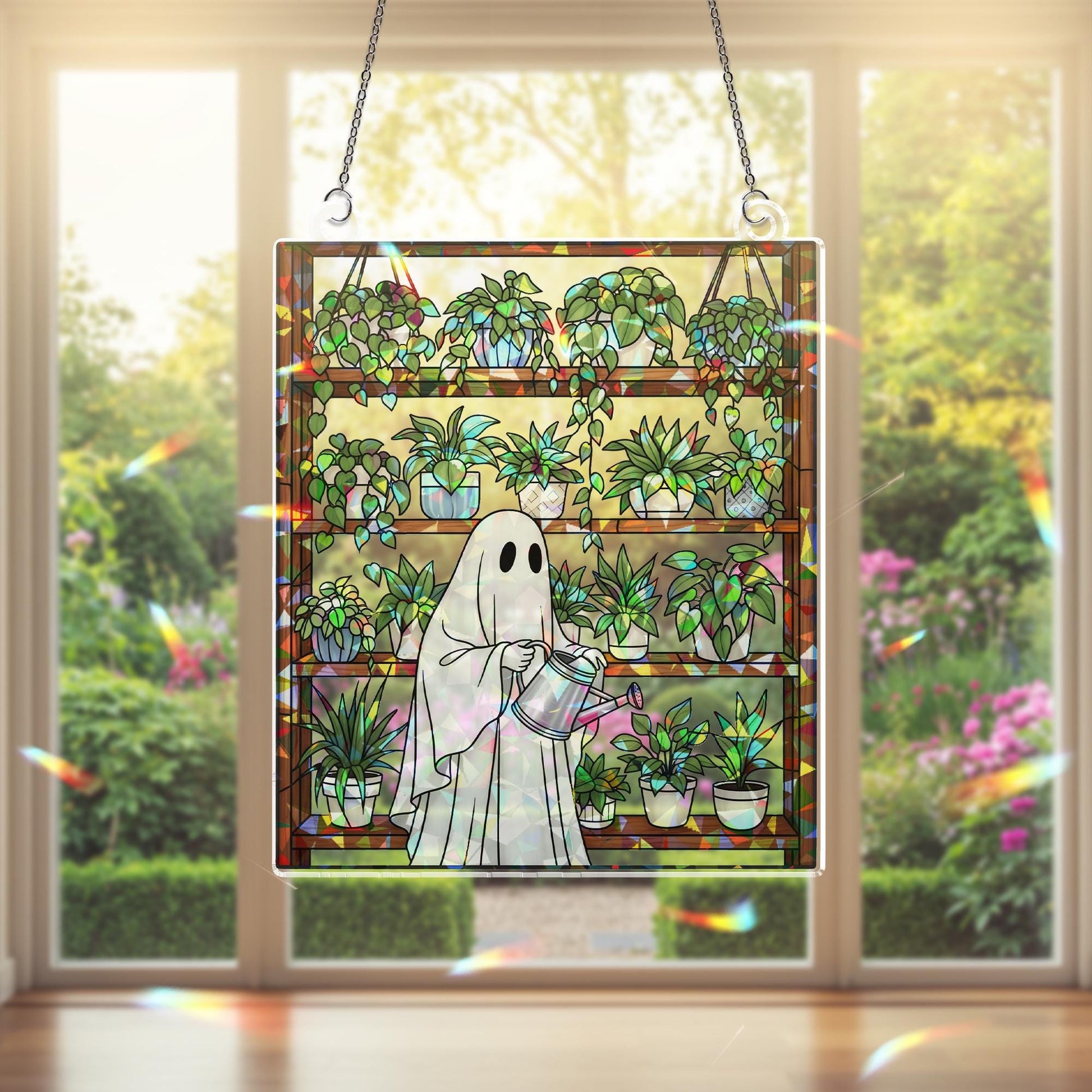 Ghost Plant Lover Suncatcher – Holographic Acrylic Window Decor – Spooky Plant Shelf Sun Catcher – Cottagecore Halloween Gift