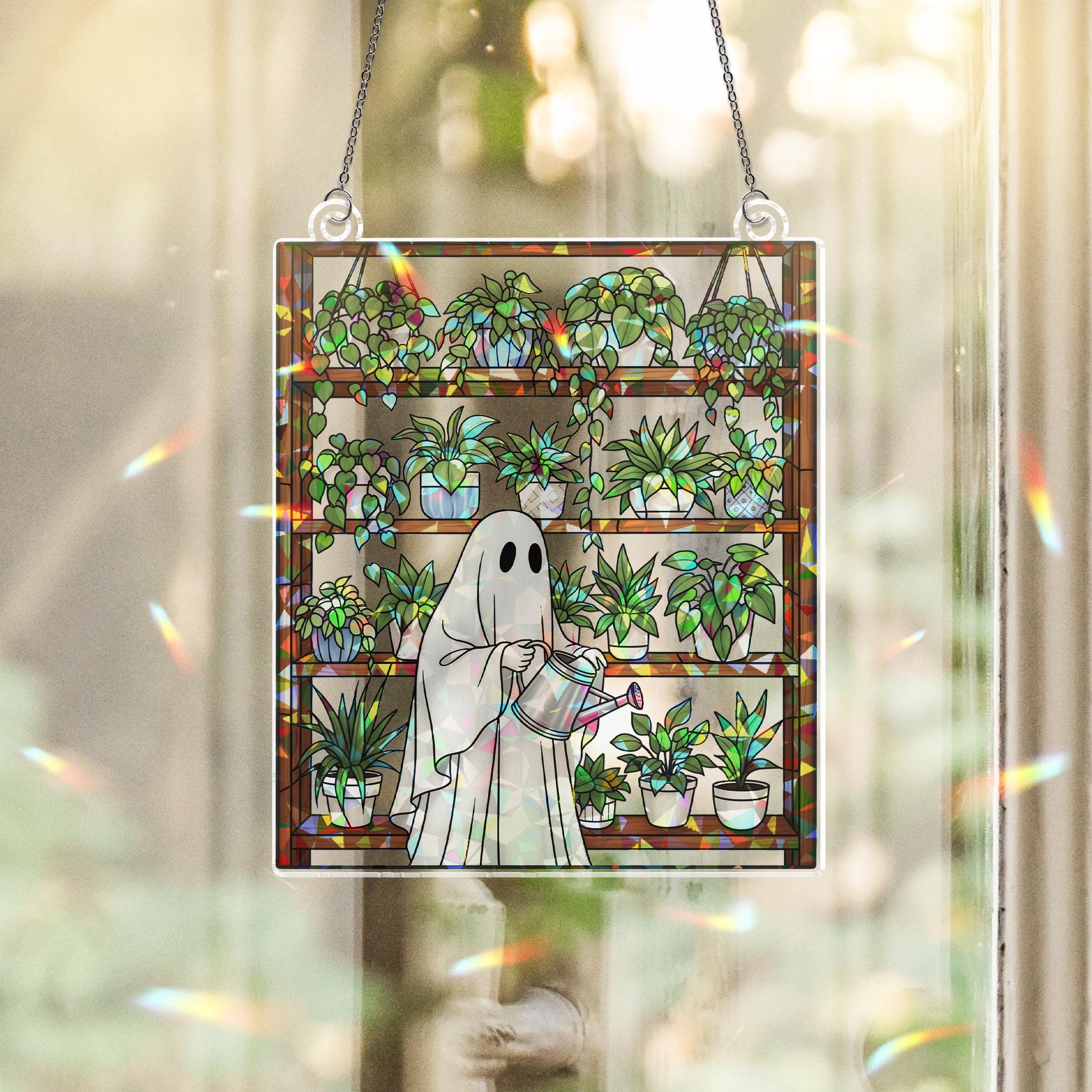 Ghost Plant Lover Suncatcher – Holographic Acrylic Window Decor – Spooky Plant Shelf Sun Catcher – Cottagecore Halloween Gift