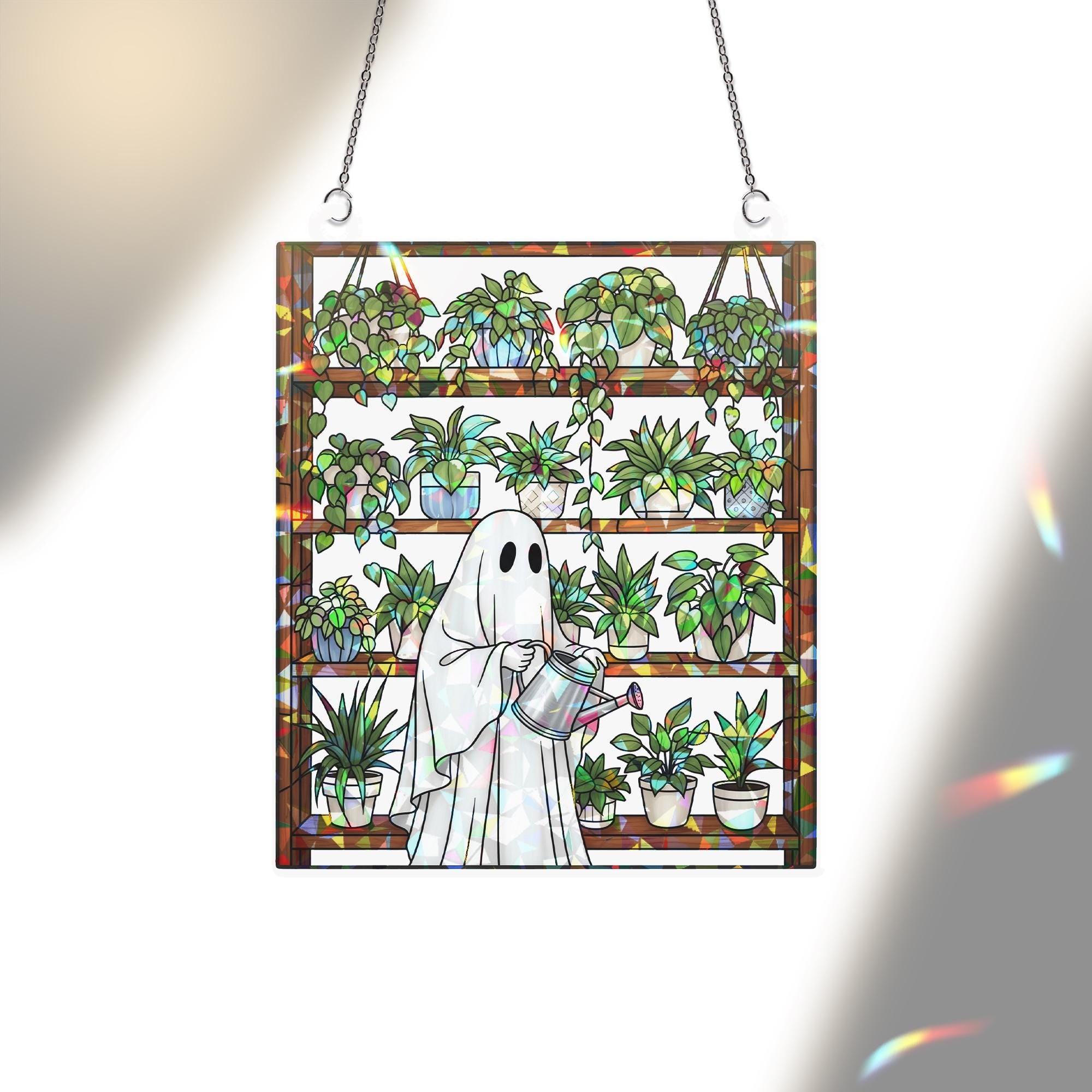 Ghost Plant Lover Suncatcher – Holographic Acrylic Window Decor – Spooky Plant Shelf Sun Catcher – Cottagecore Halloween Gift