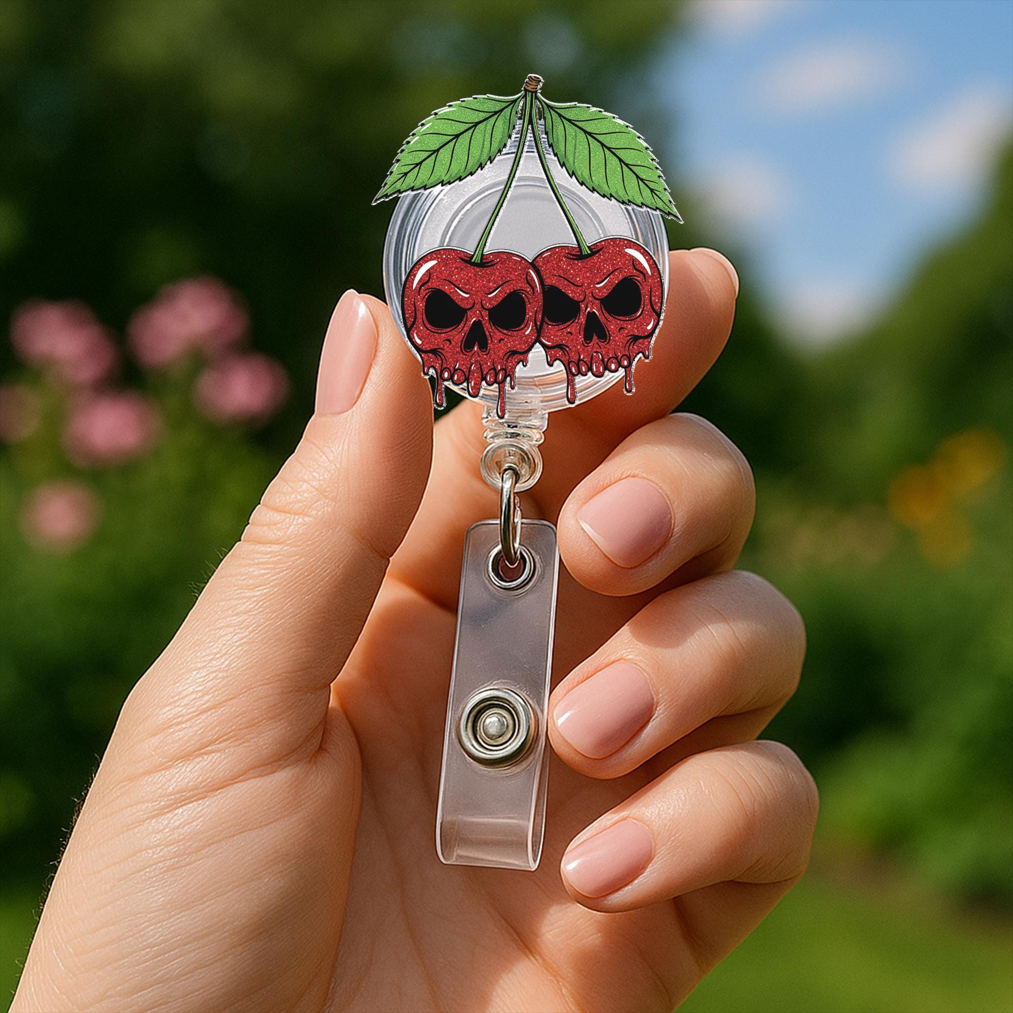 Gothic Cherry Skull Badge Reel, Horror ID Clip for Nurses, Creepy Cute Badge Holder, Spooky Work Accessory, Halloween Gift, Badge Reel Gift