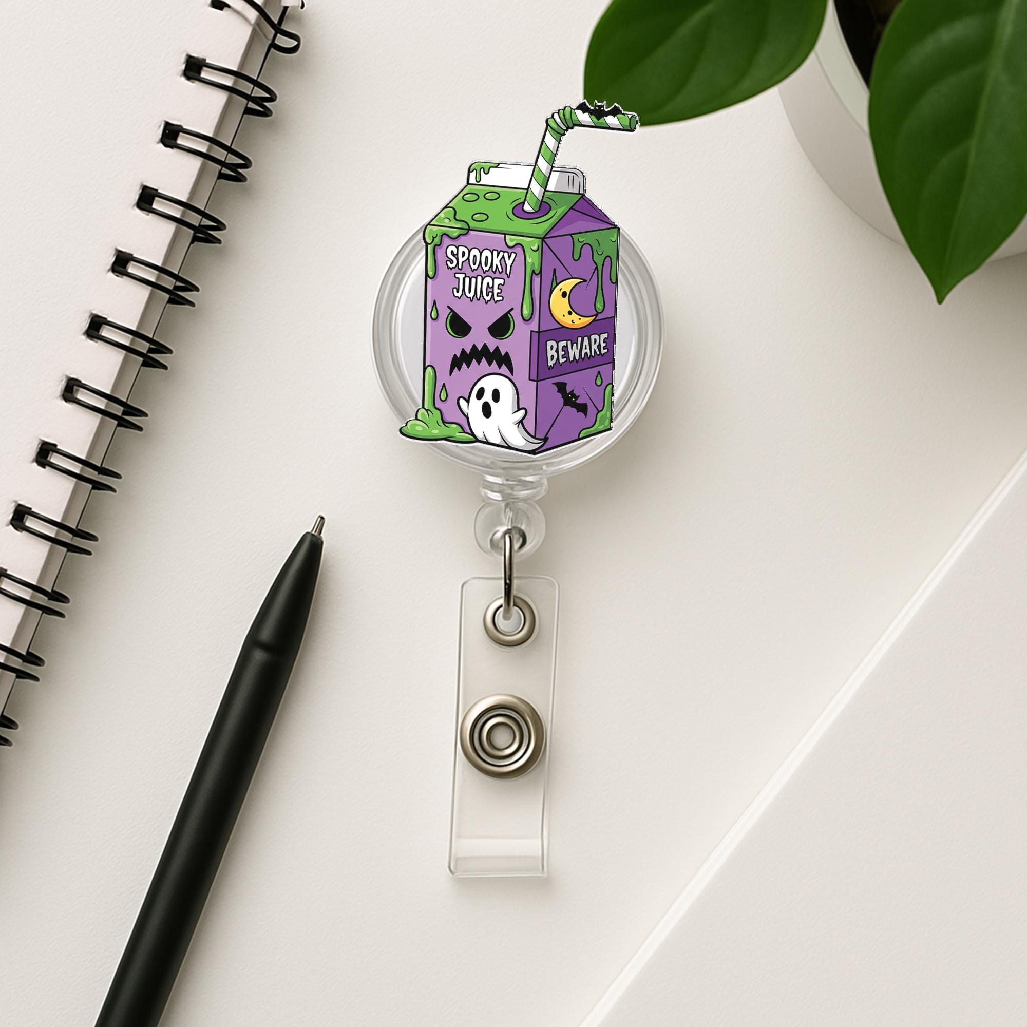 Spooky Juice Badge Reel, Halloween Ghost ID Clip, Cute Badge Holder for Nurses, Funny Work Accessory, Purple Fall Lanyard Gift, Halloween ID