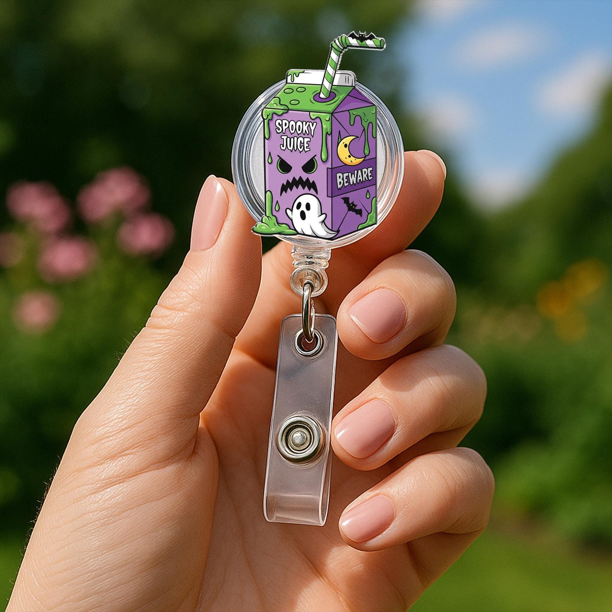 Spooky Juice Badge Reel, Halloween Ghost ID Clip, Cute Badge Holder for Nurses, Funny Work Accessory, Purple Fall Lanyard Gift, Halloween ID