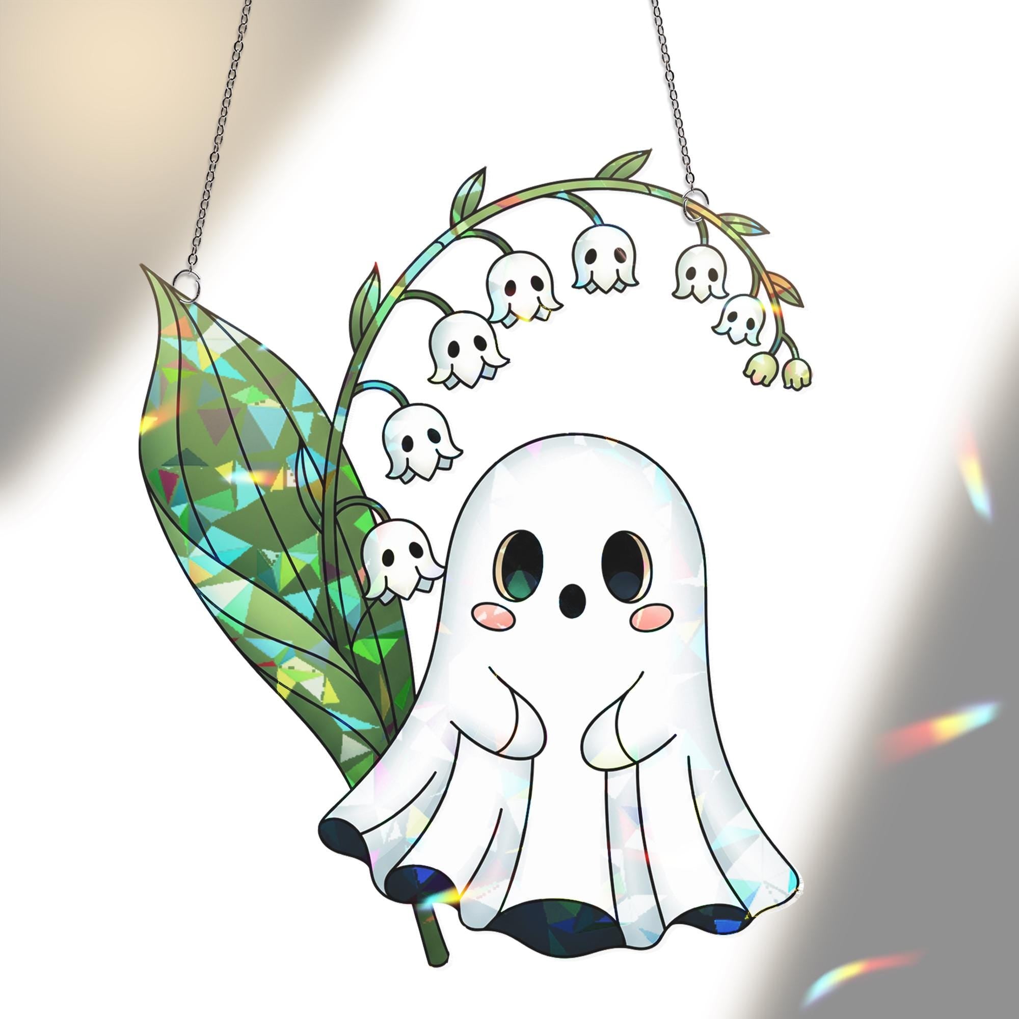 Lily of the Valley Ghost Suncatcher, Cute Floral Halloween Decor, Spooky Flower Window Hanging, Pastel Goth Home Decoration, Halloween Decor
