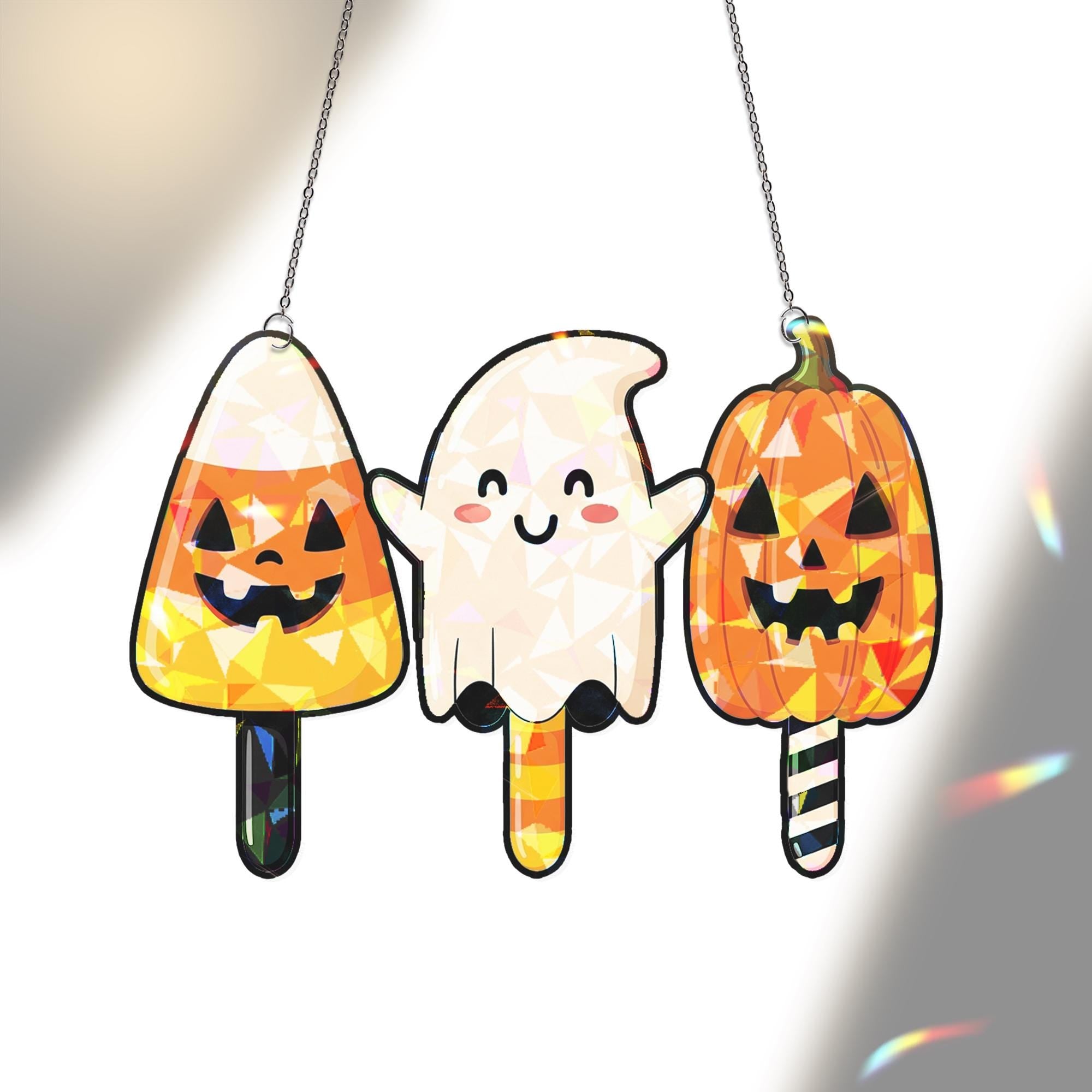 Halloween Ice Cream Suncatcher Set, Cute Ghost Pumpkin Candycorn Decor, Trick or Treat Window Hanging, Spooky Fall Decoration, Home Decor