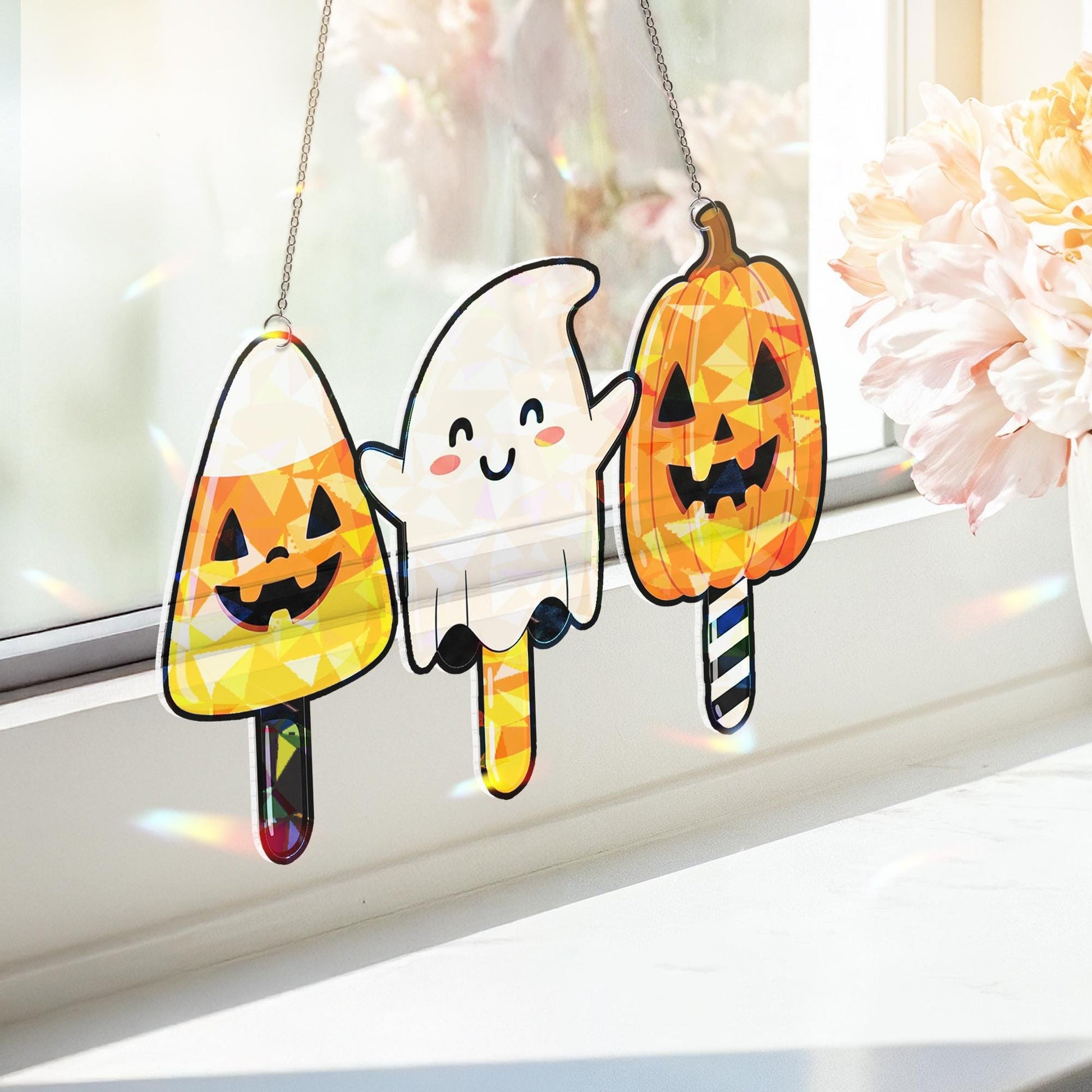 Halloween Ice Cream Suncatcher Set, Cute Ghost Pumpkin Candycorn Decor, Trick or Treat Window Hanging, Spooky Fall Decoration, Home Decor