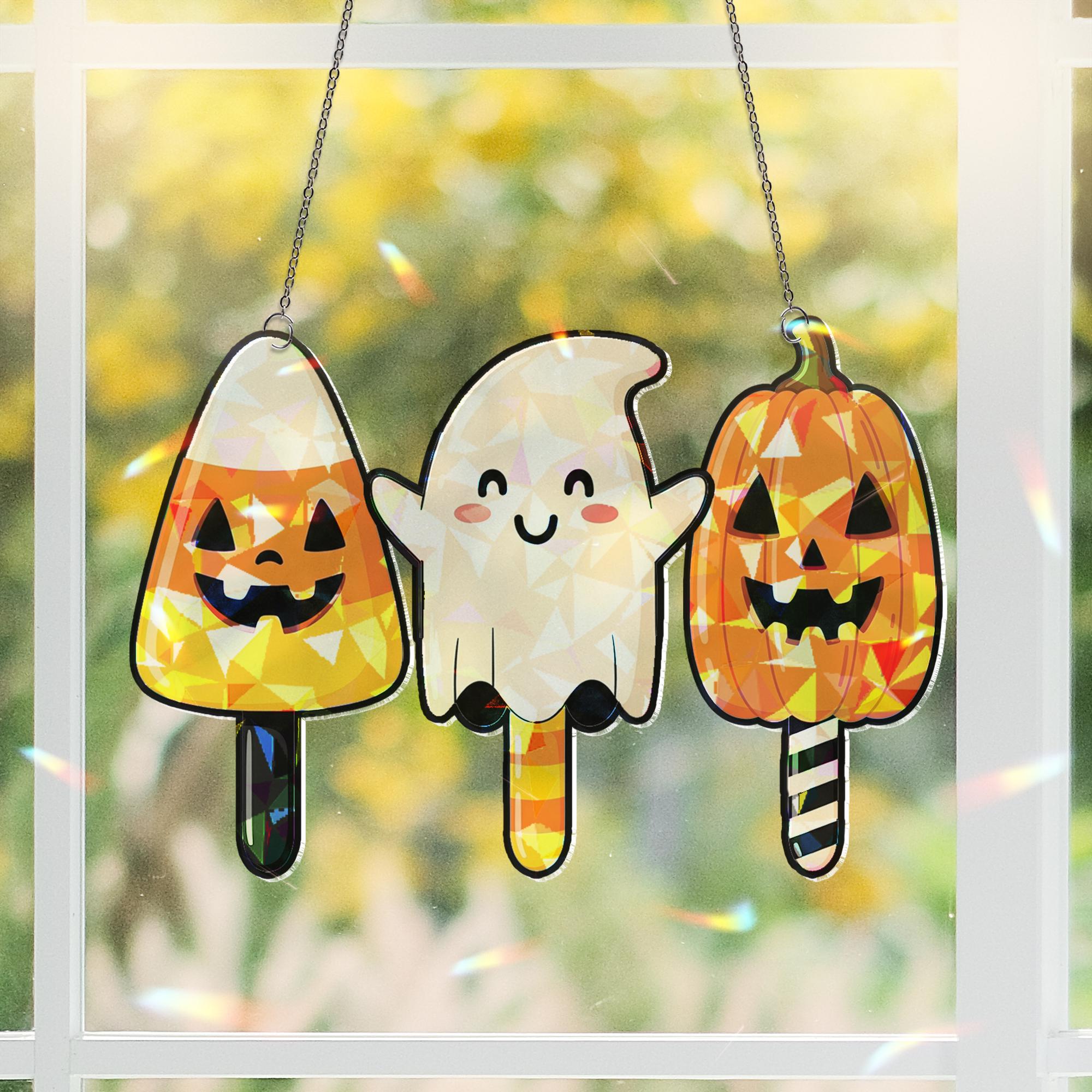 Halloween Ice Cream Suncatcher Set, Cute Ghost Pumpkin Candycorn Decor, Trick or Treat Window Hanging, Spooky Fall Decoration, Home Decor