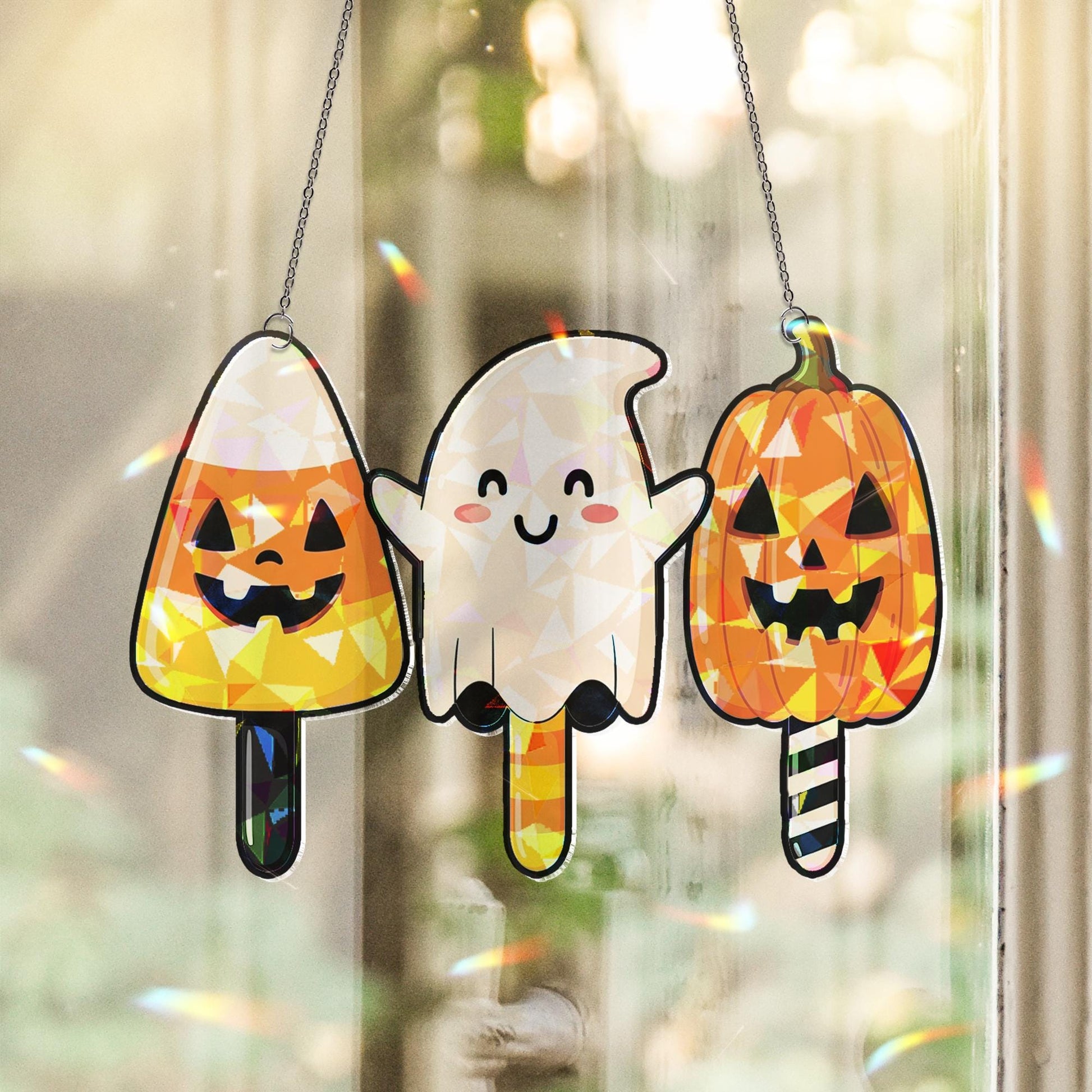 Halloween Ice Cream Suncatcher Set, Cute Ghost Pumpkin Candycorn Decor, Trick or Treat Window Hanging, Spooky Fall Decoration, Home Decor
